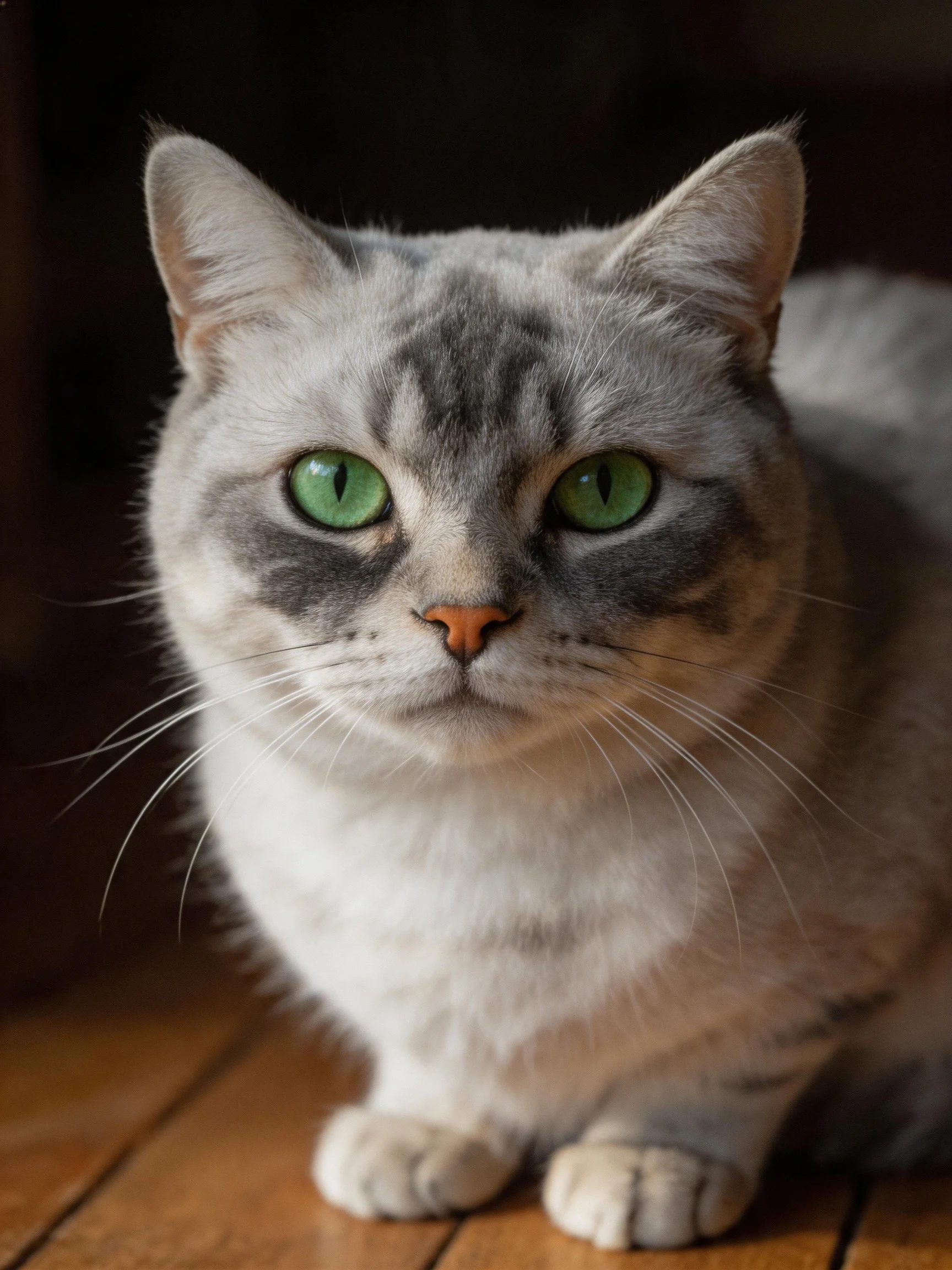 A gray and white cat with green eyes sits on a wooden floor