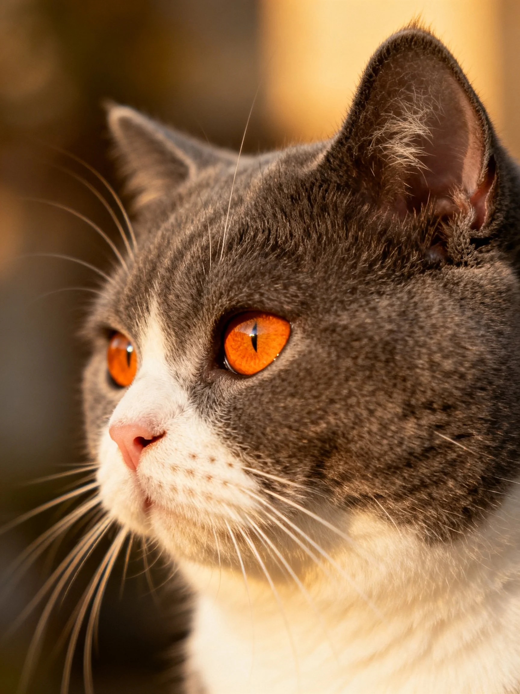 A gray-and-white cat gazes attentively with striking orange eyes in a softly lit scene.