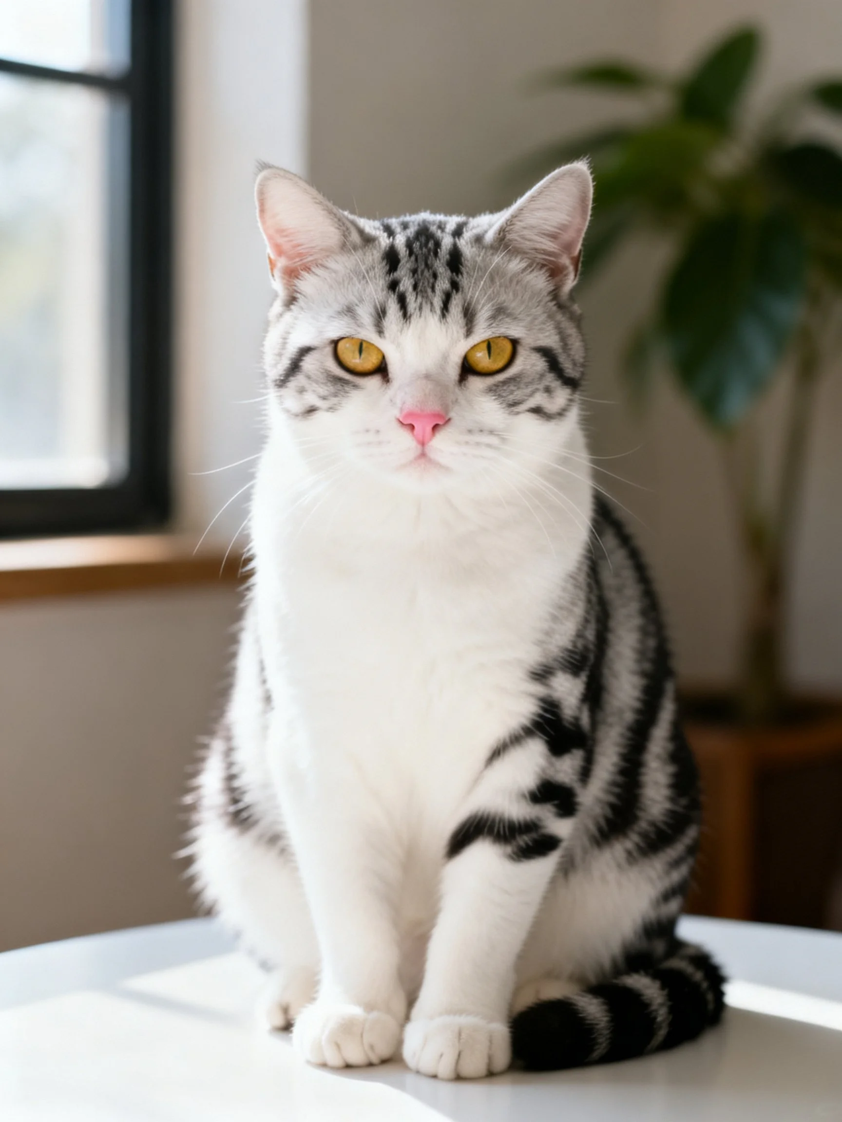 A gray and white cat with yellow eyes sits near a window.