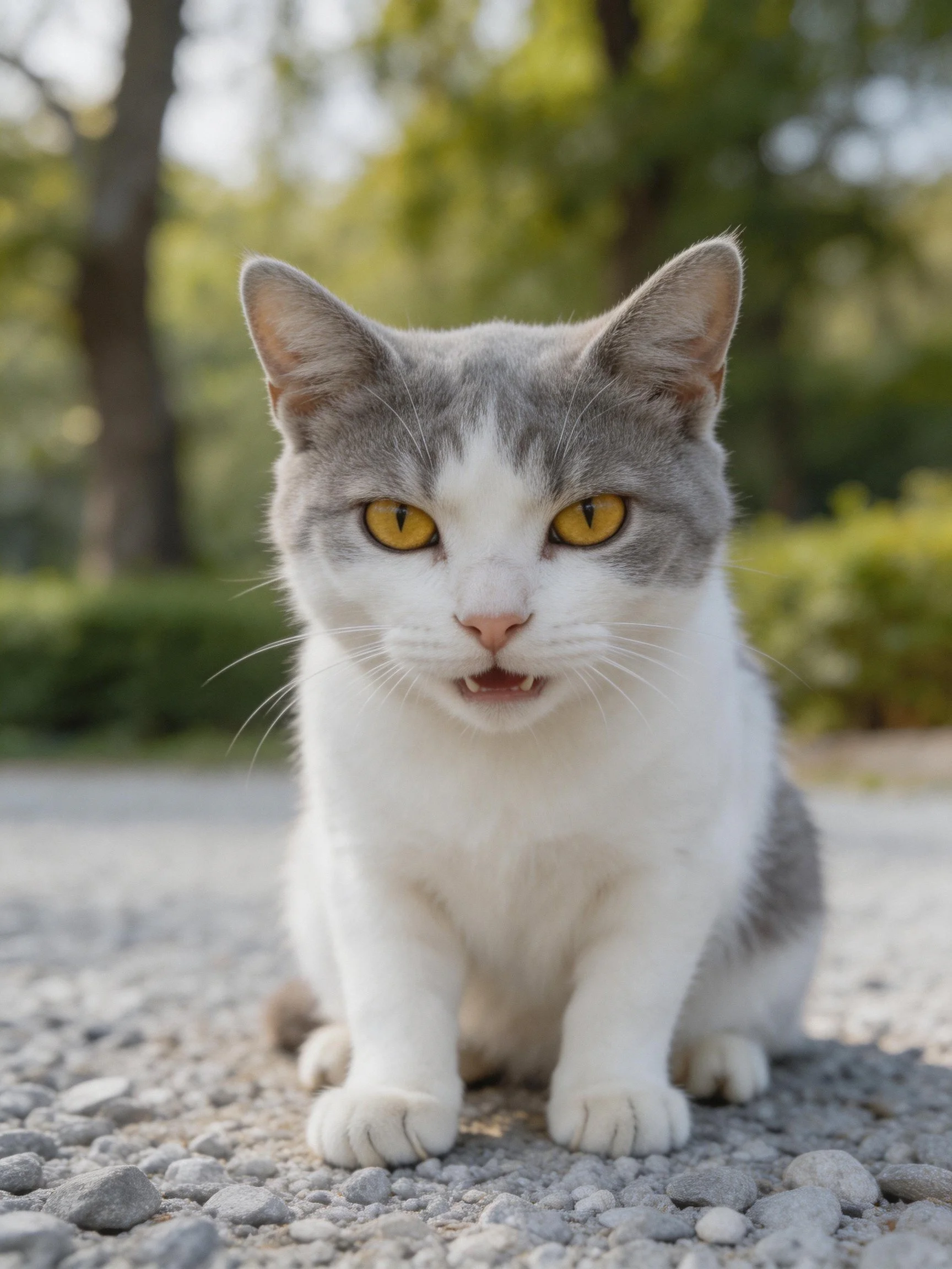 A gray and white cat with yellow eyes rests on a gravel path amid greenery.