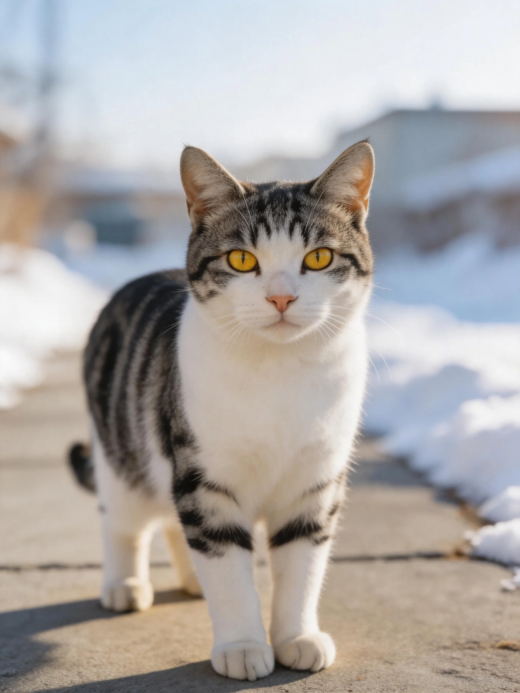 A gray and white cat with bright yellow eyes stands on a snowy outdoor path.