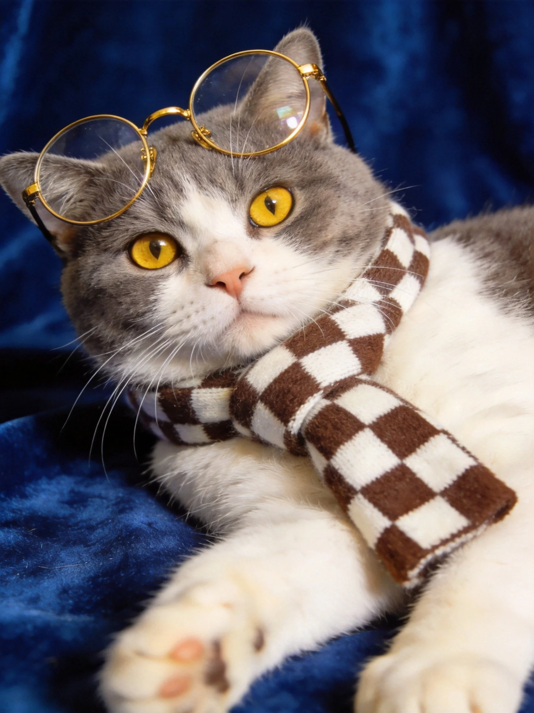 A gray and white cat with accessories rests on a blue velvet surface
