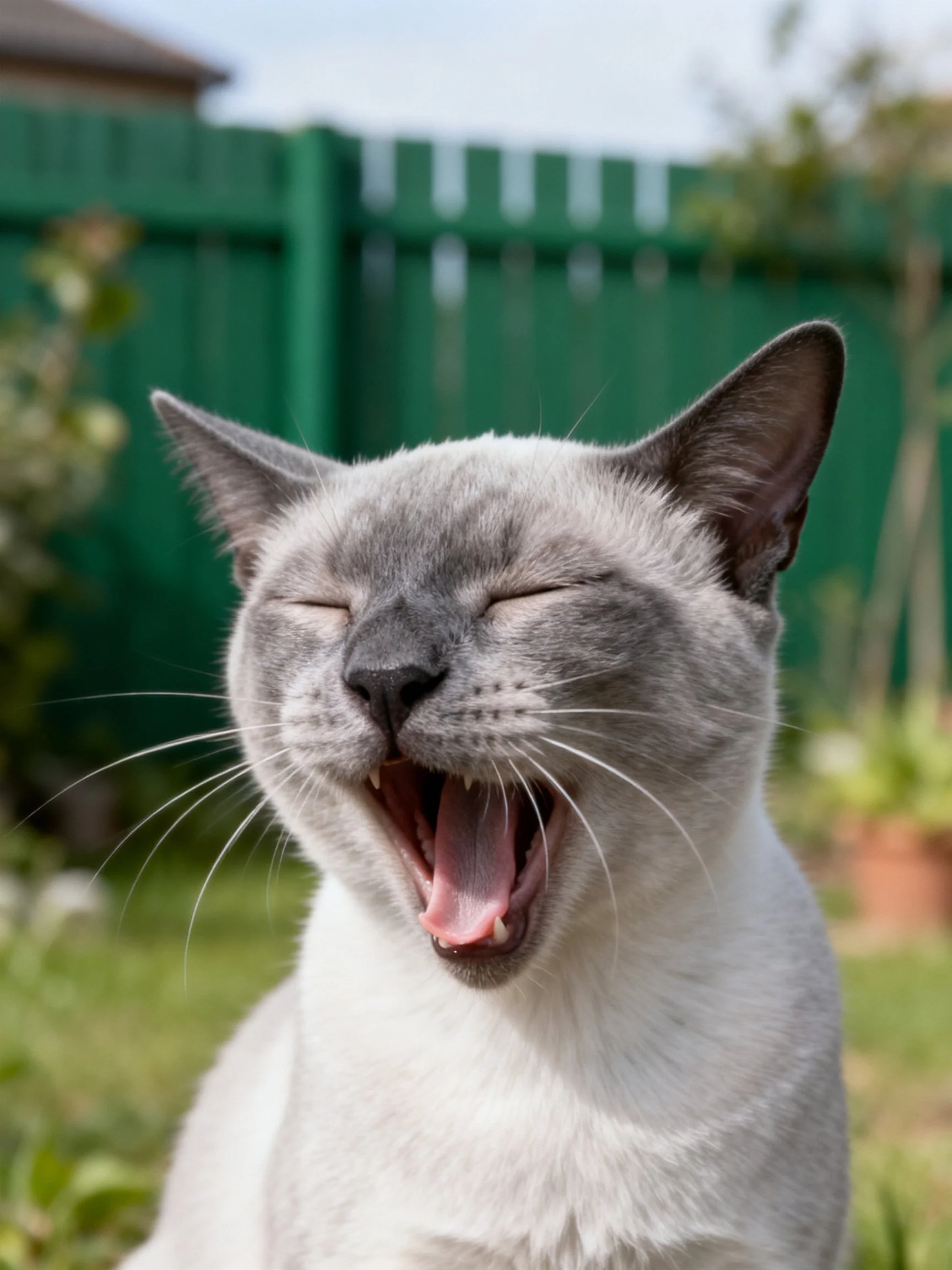 A gray and white cat yawning happily in an outdoor garden