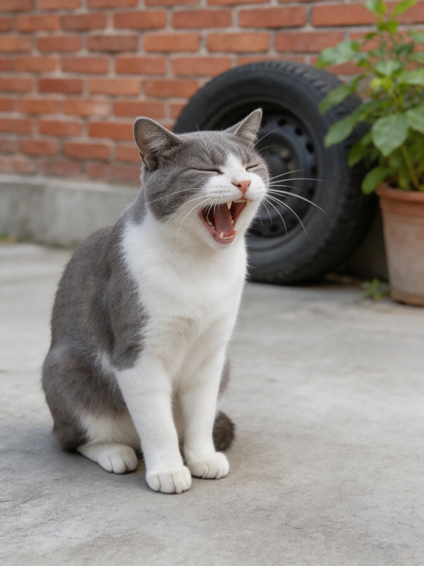 A gray and white cat yawning near a brick wall with tires