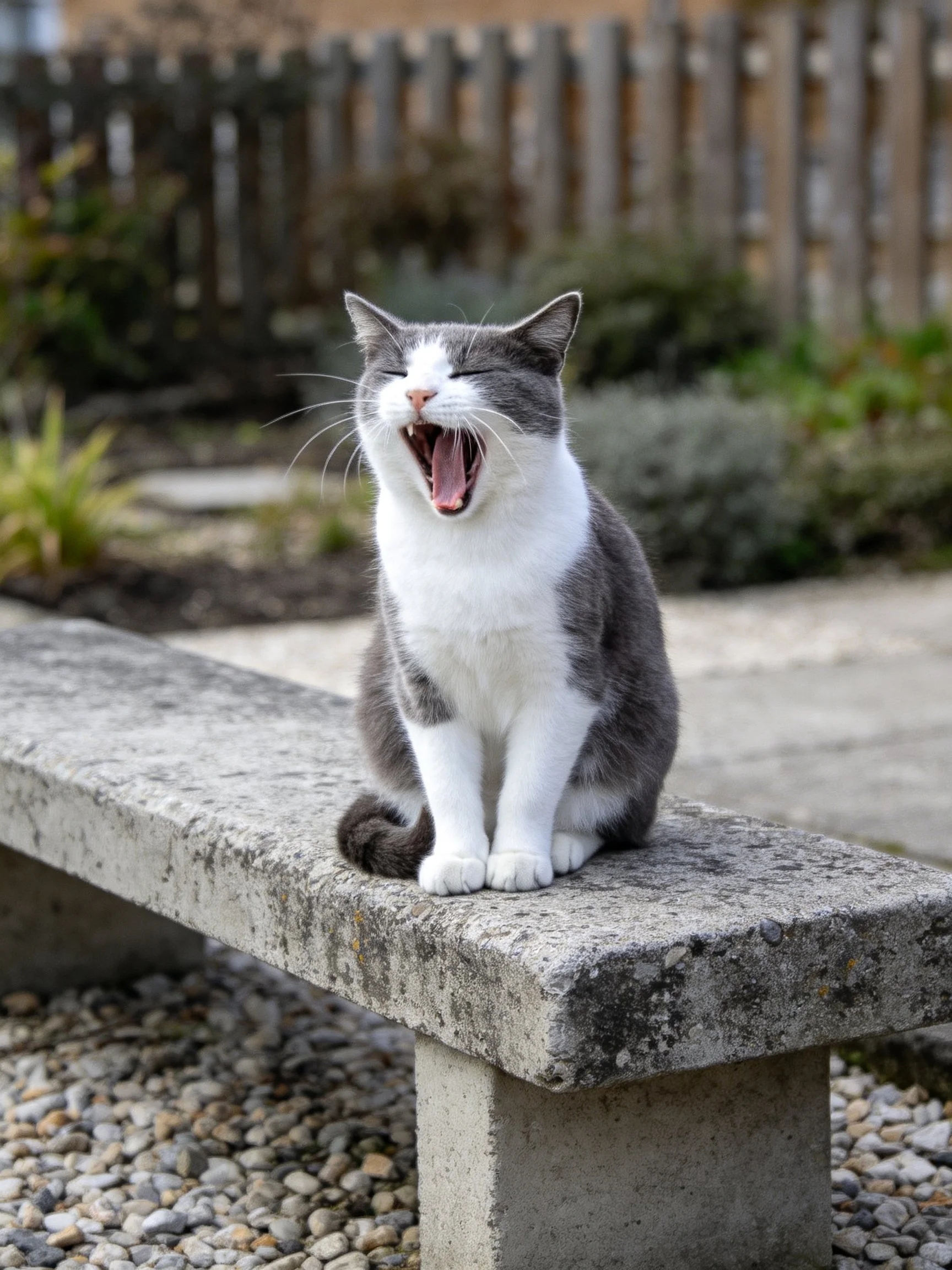 A gray and white cat yawning on a weathered concrete bench