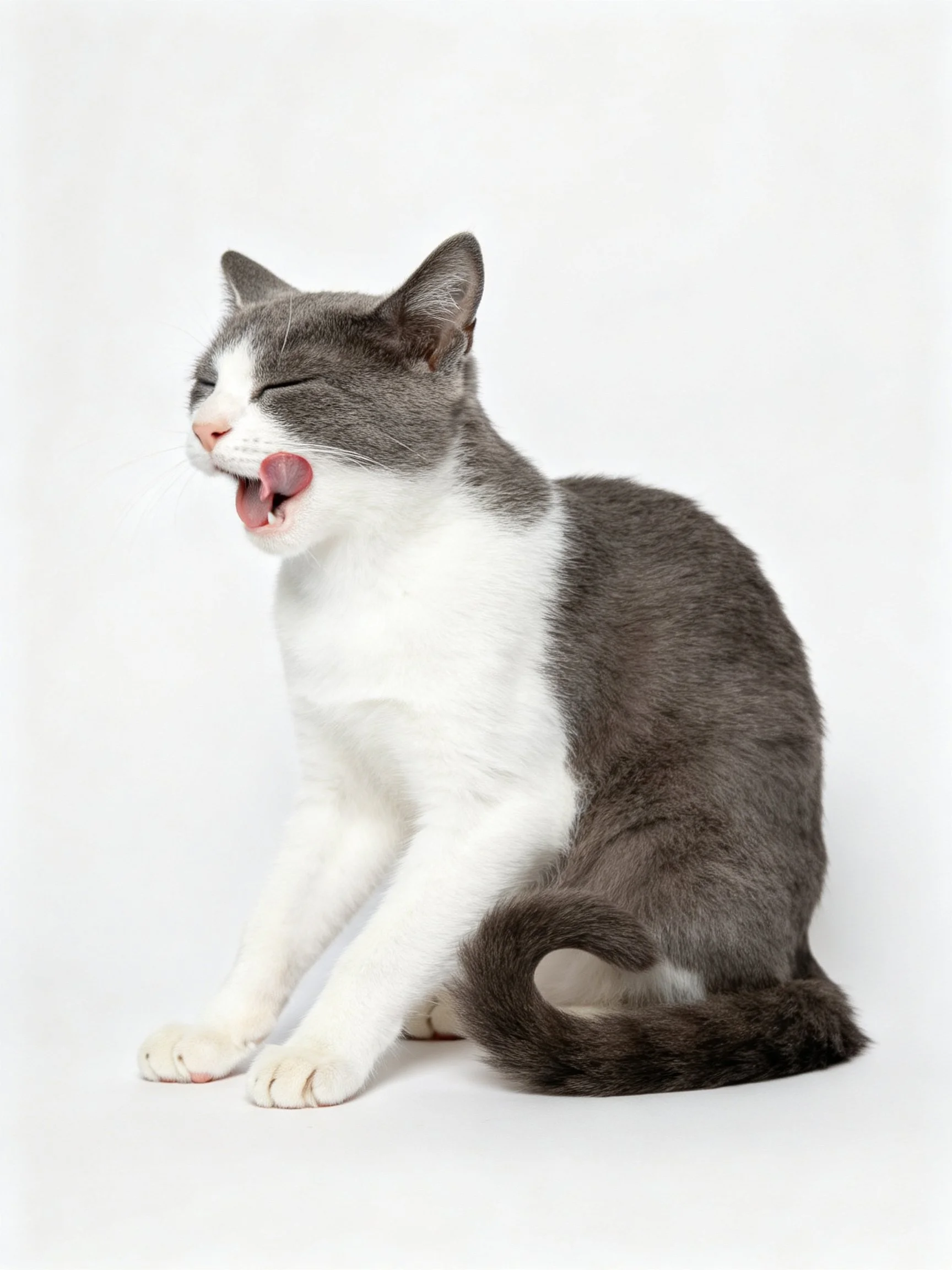 A gray and white cat yawning on a whitebackground