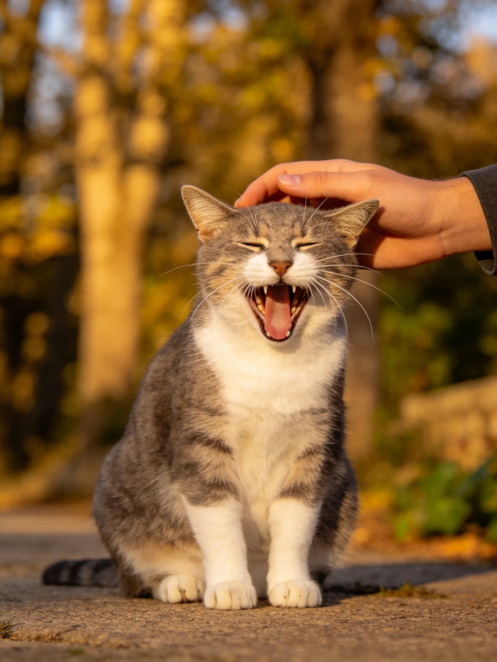 A gray and white cat yawning while being petted outdoors