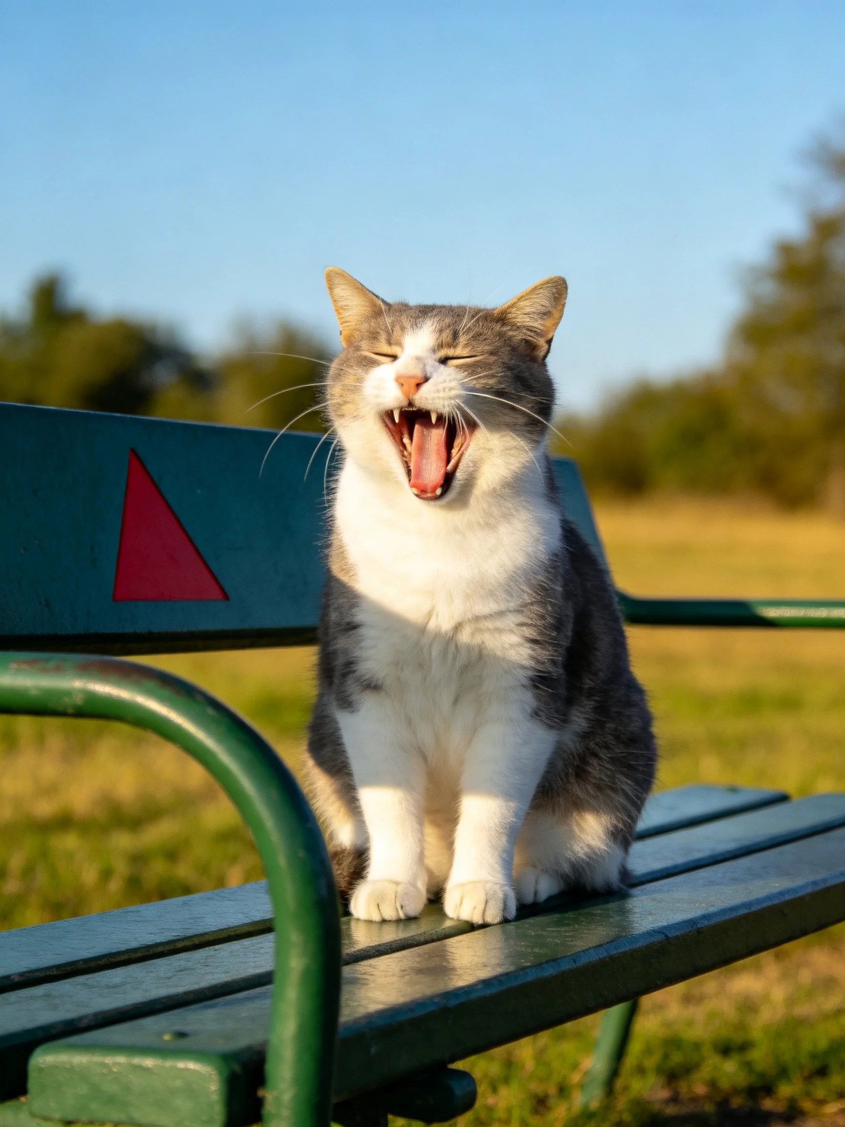 A gray-and-white cat yawns on a green park bench with a red triangle