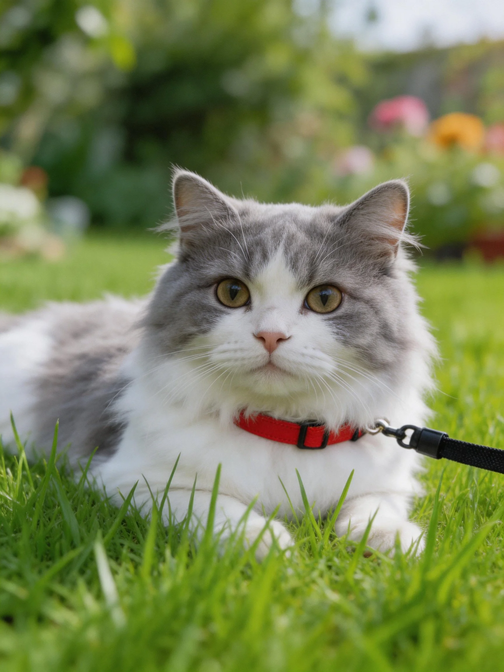 A gray-and-white fluffy cat relaxes on green grass in a flower-filled outdoor setting