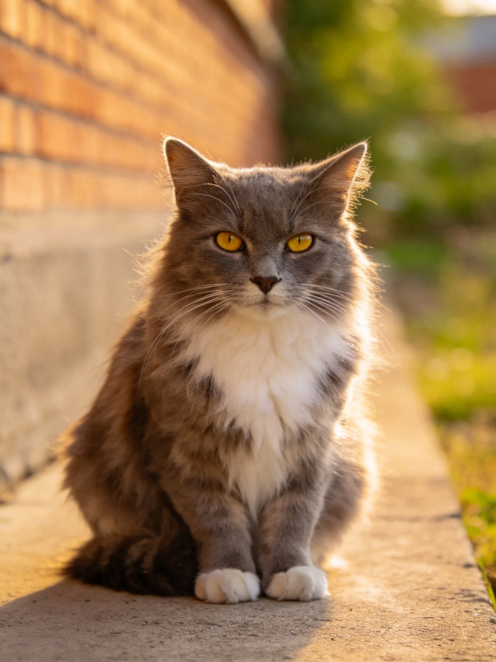A gray and white cat rests beside a brick wall under warm sunlight.