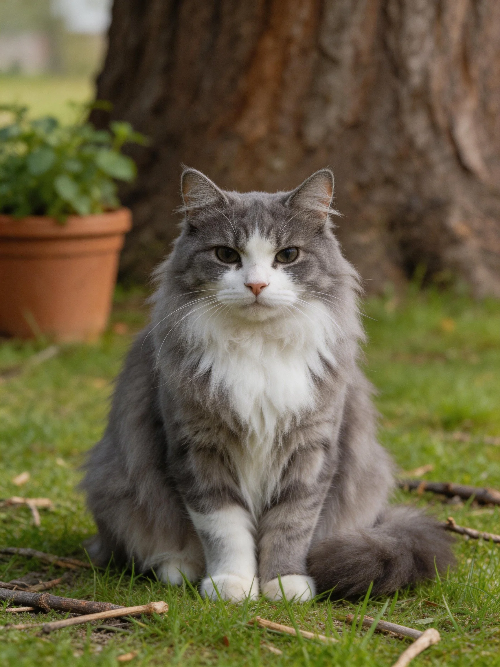 A gray and white fluffy cat sits calmly on grass beside a large tree.
