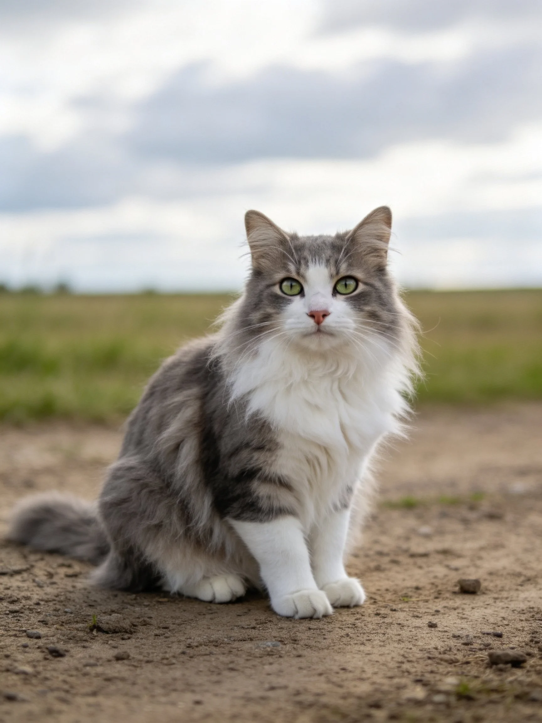 A gray and white fluffy cat sits calmly on a dirt path in an open field.