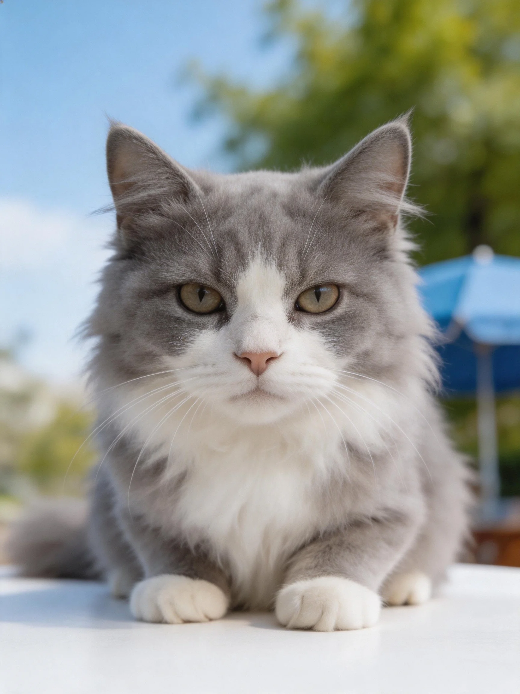 A gray and white fluffy cat sits outdoors in bright daylight.