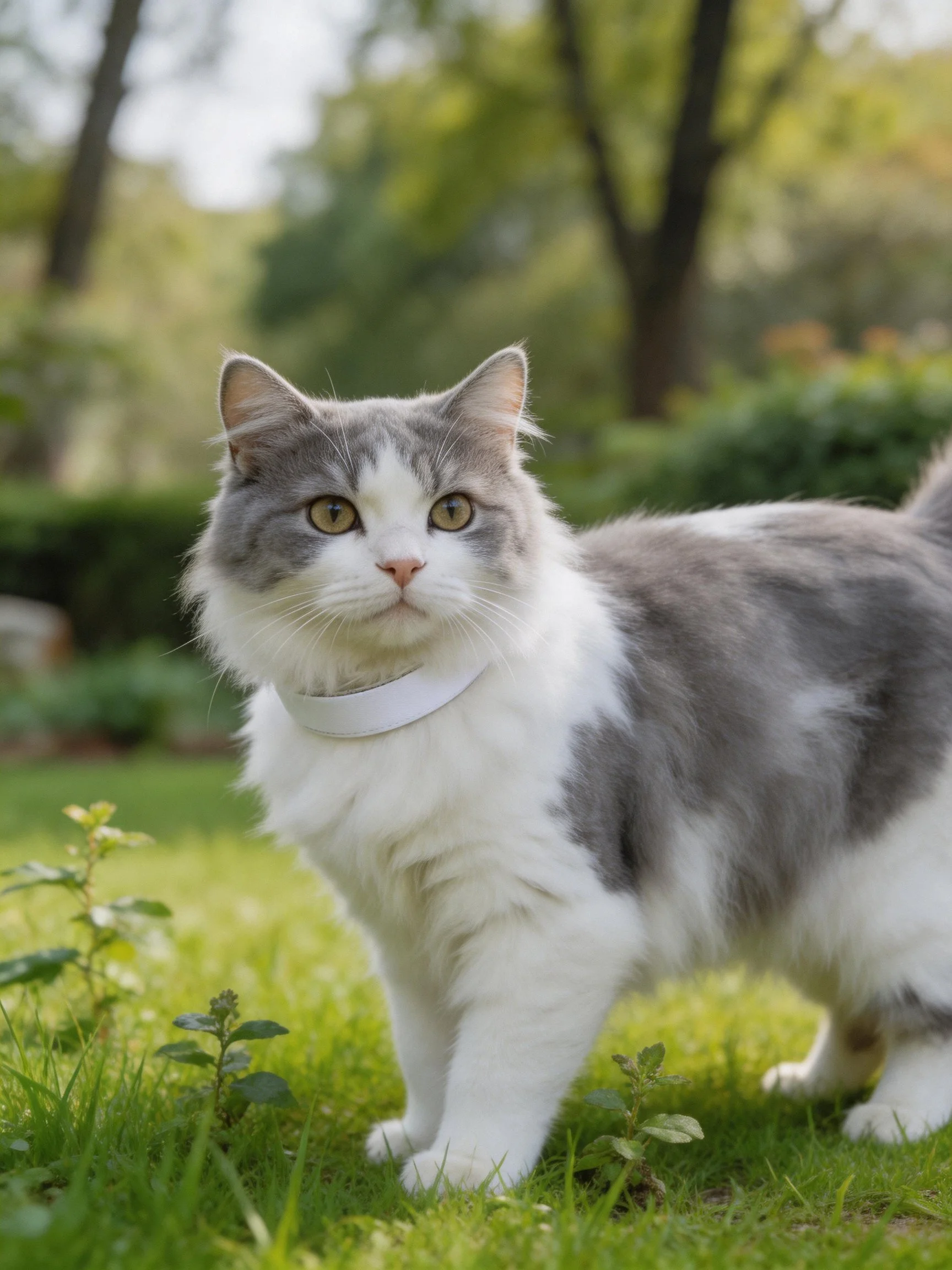 A gray and white cat stands on lush green grass amid a sunlit garden backdrop.
