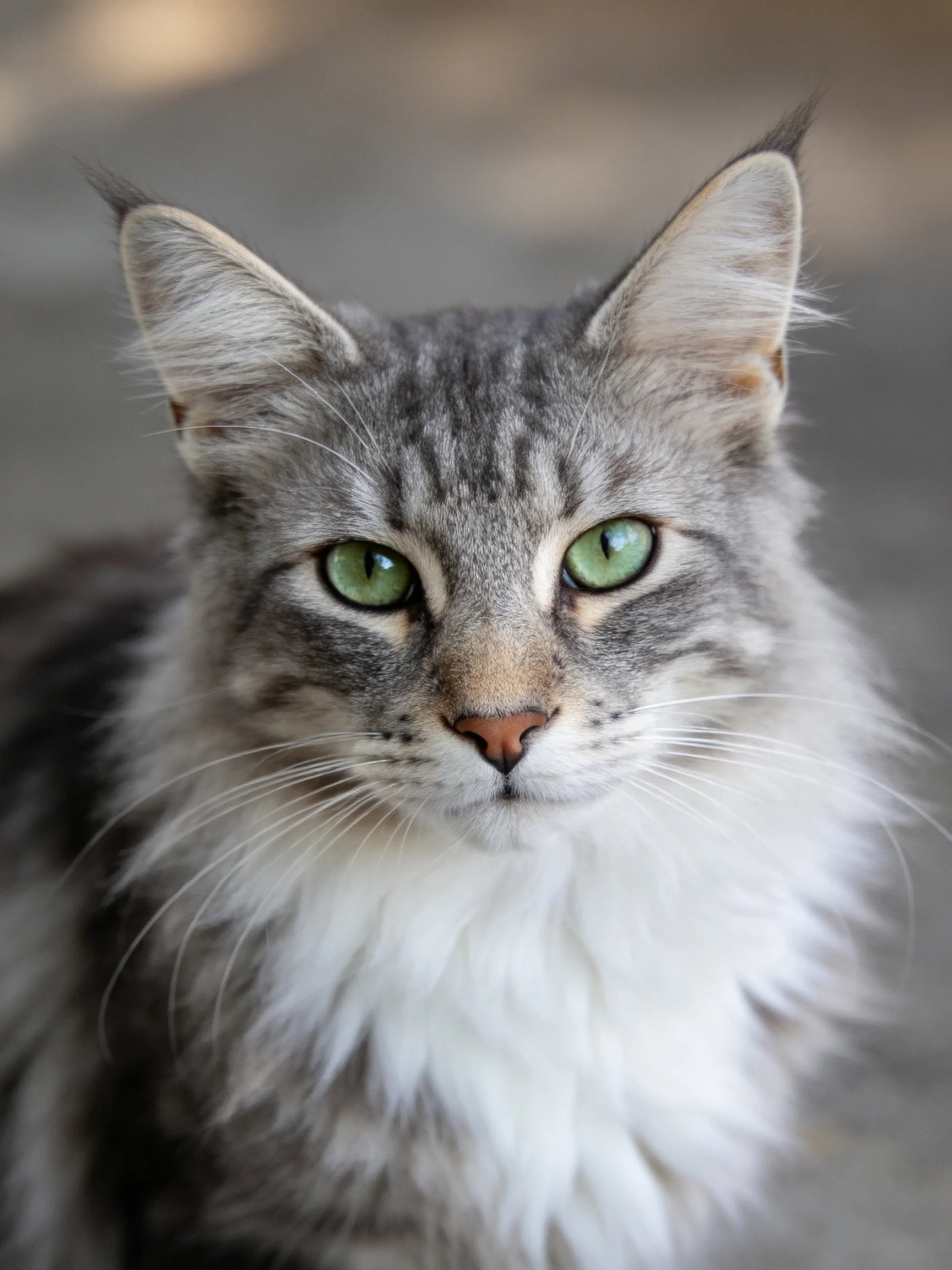 A gray and white fluffy cat looks directly at the camera with bright green eyes