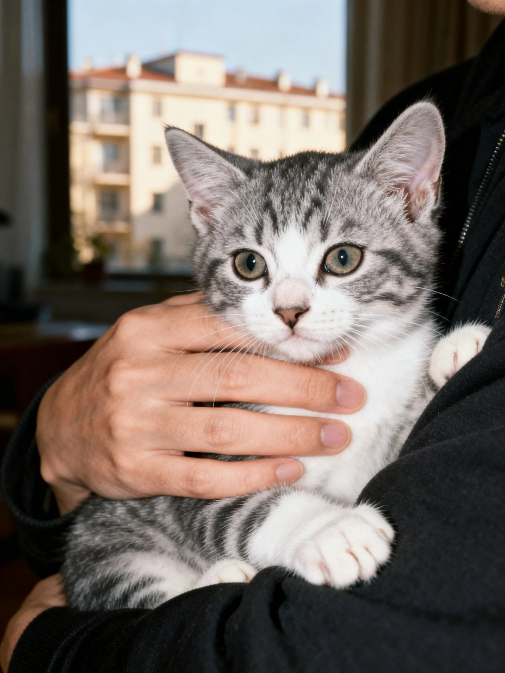 A gray and white kitten cradled in someones arms by a window