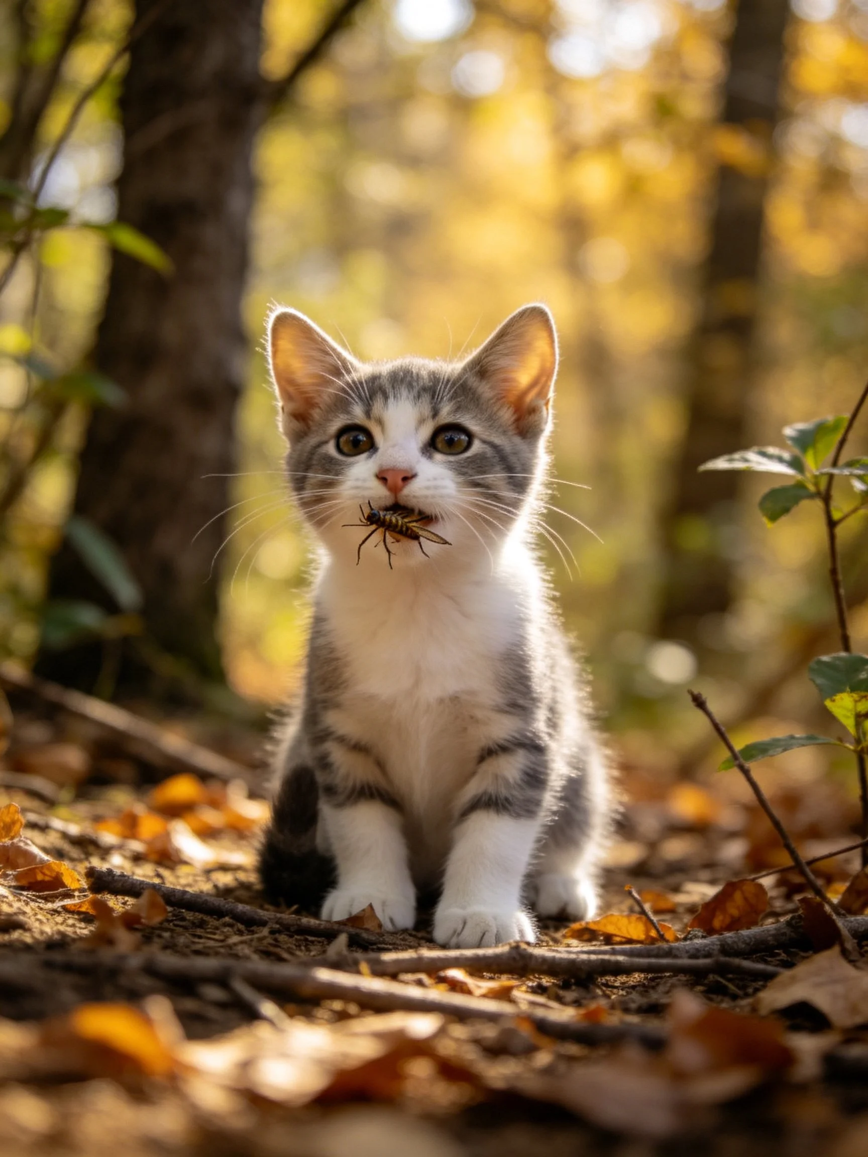 A small gray-and-white kitten sits in a sunlit forest holding an insect.