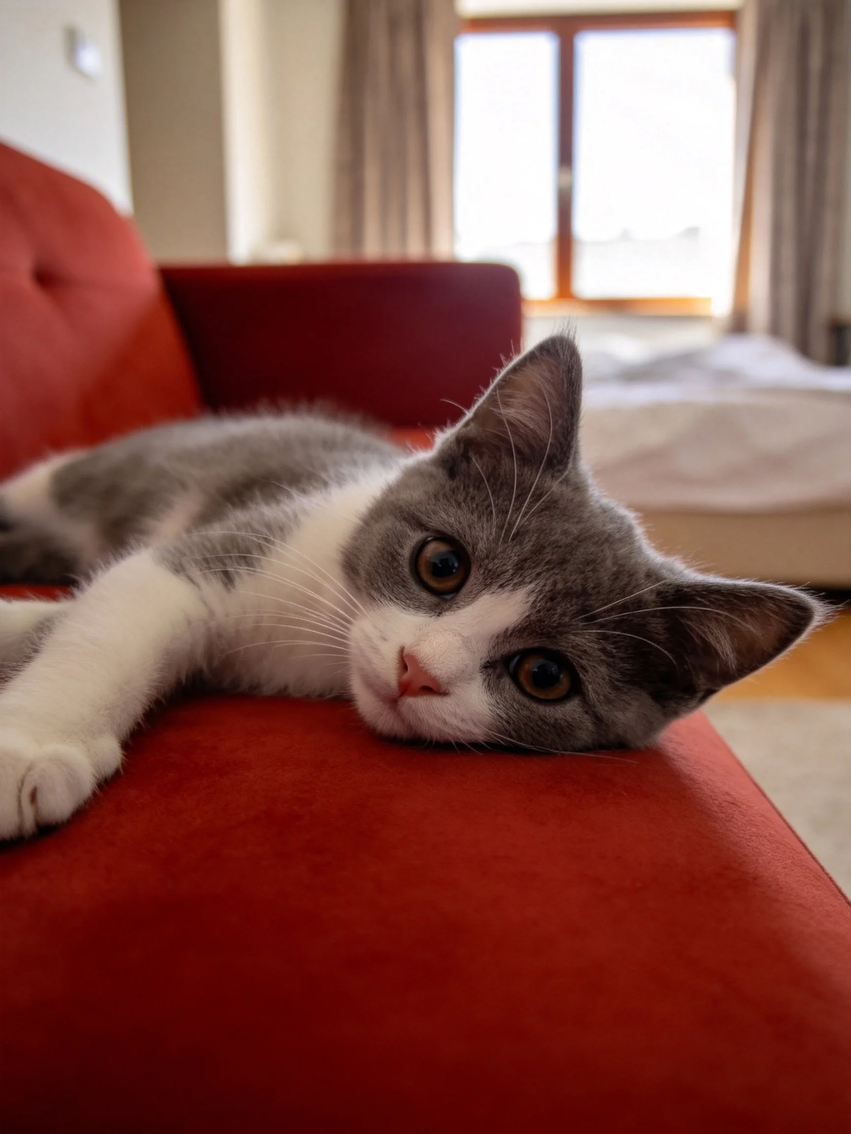 A gray and white kitten relaxes on a red couch in a sunlit indoor setting.