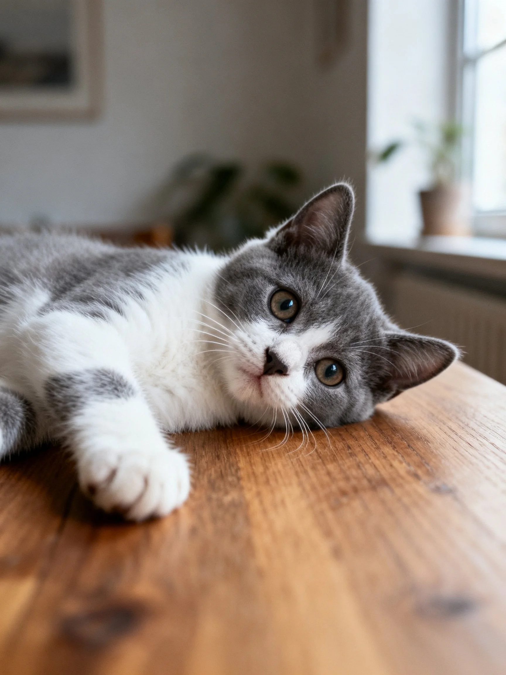 A gray and white kitten lounges on a wooden table by a sunlit window