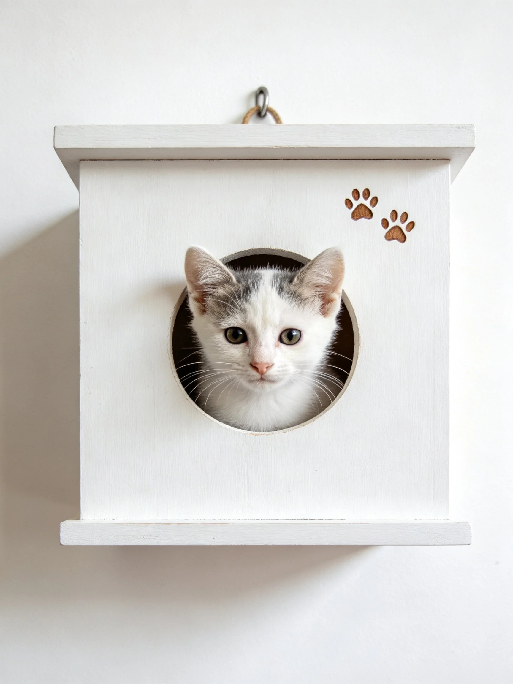 A gray-and-white kitten peeks from a white wooden box with paw prints