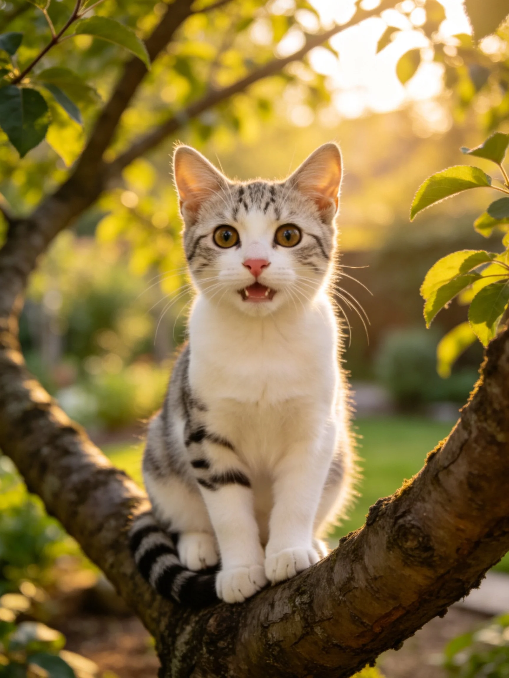 A gray-and-white kitten sits on a tree branch in a sunlit outdoor setting.
