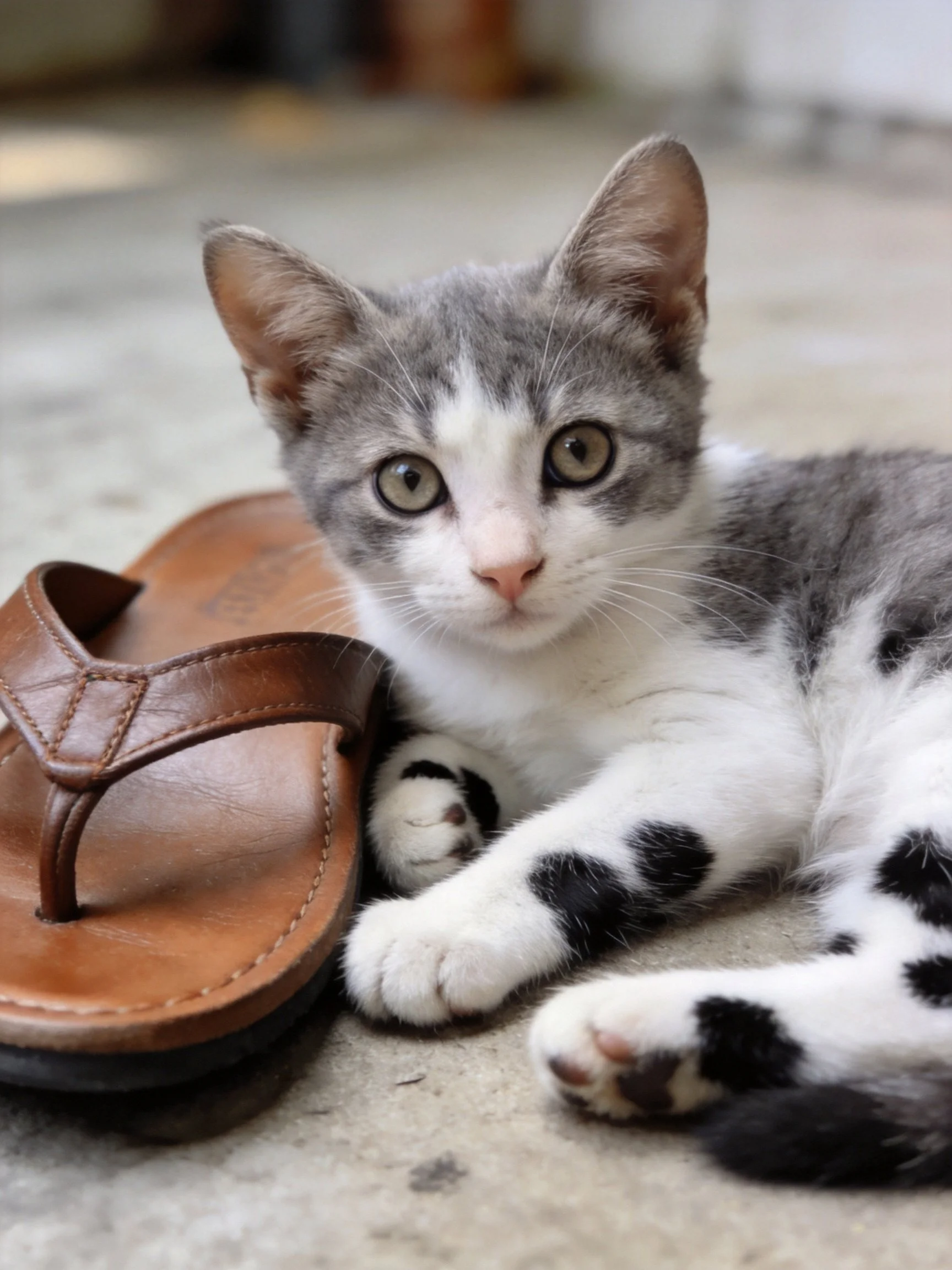 A gray and white kitten lies near a brown sandal on a concrete floor
