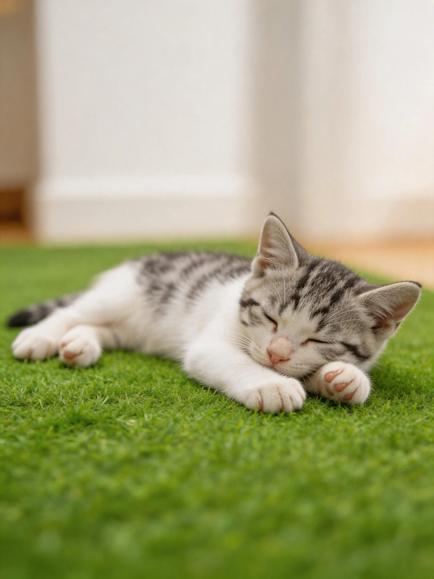 A gray and white kitten sleeps on green turf inside a home.