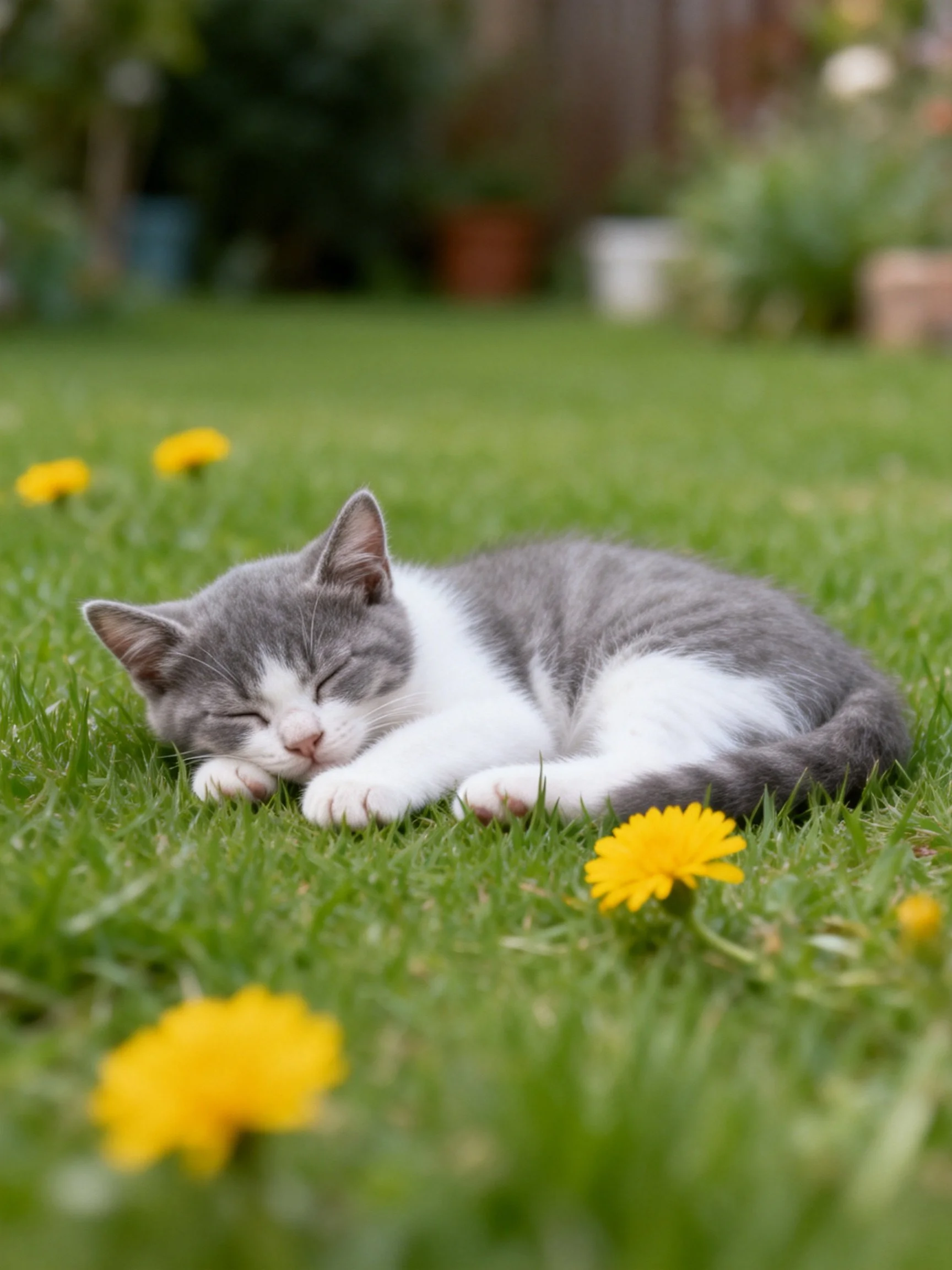 A gray-and-white kitten peacefully sleeps on green grass surrounded by yellow flowers.