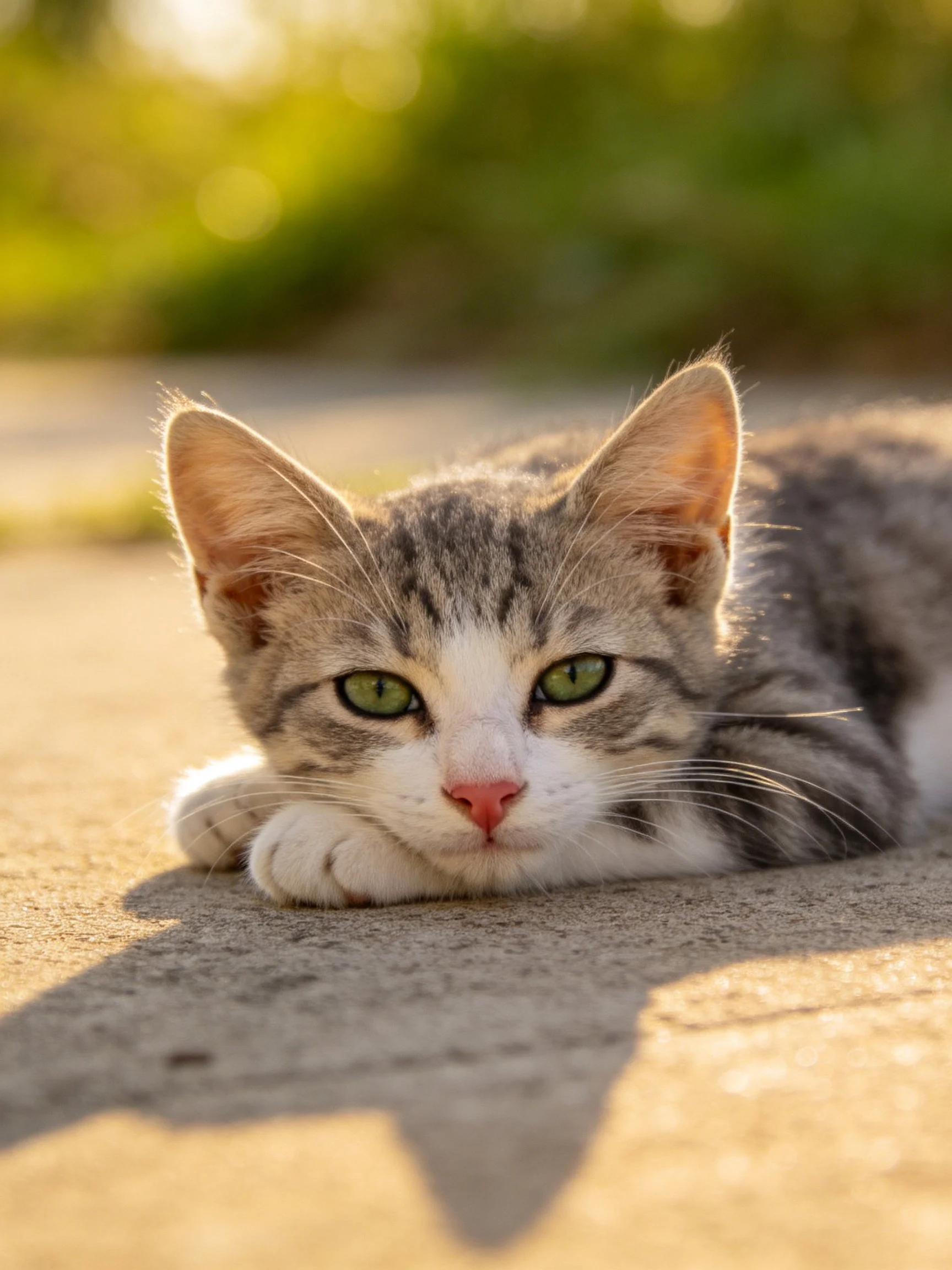 A gray-and-white kitten lies calmly on a sunlit pavement.