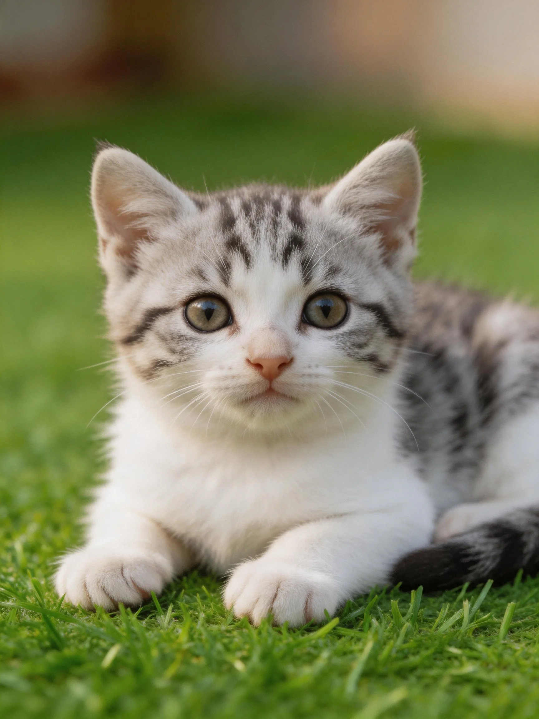 A gray and white kitten lies calmly on lush green grass.