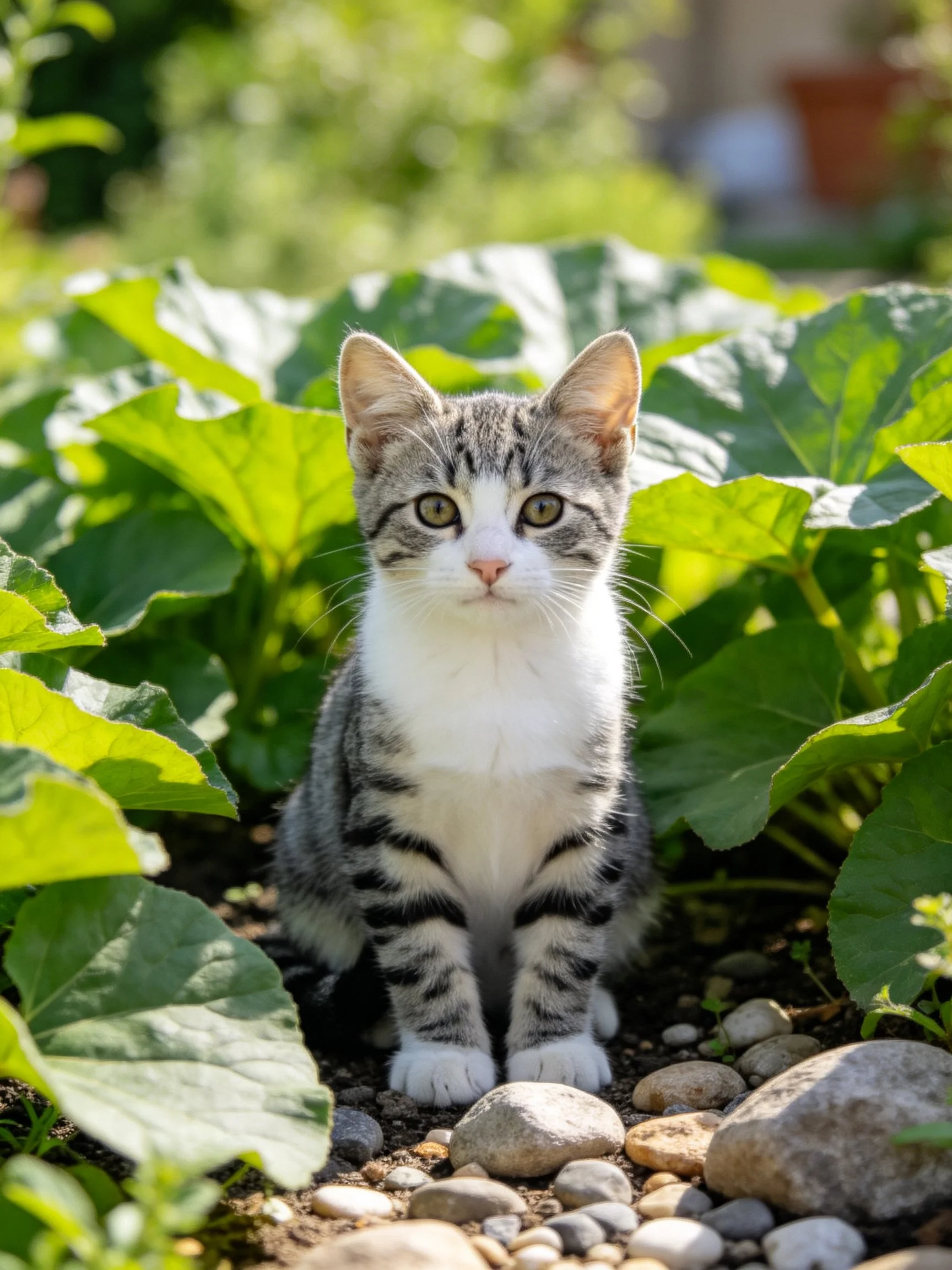 A gray and white kitten sits among large green leaves near smooth stones