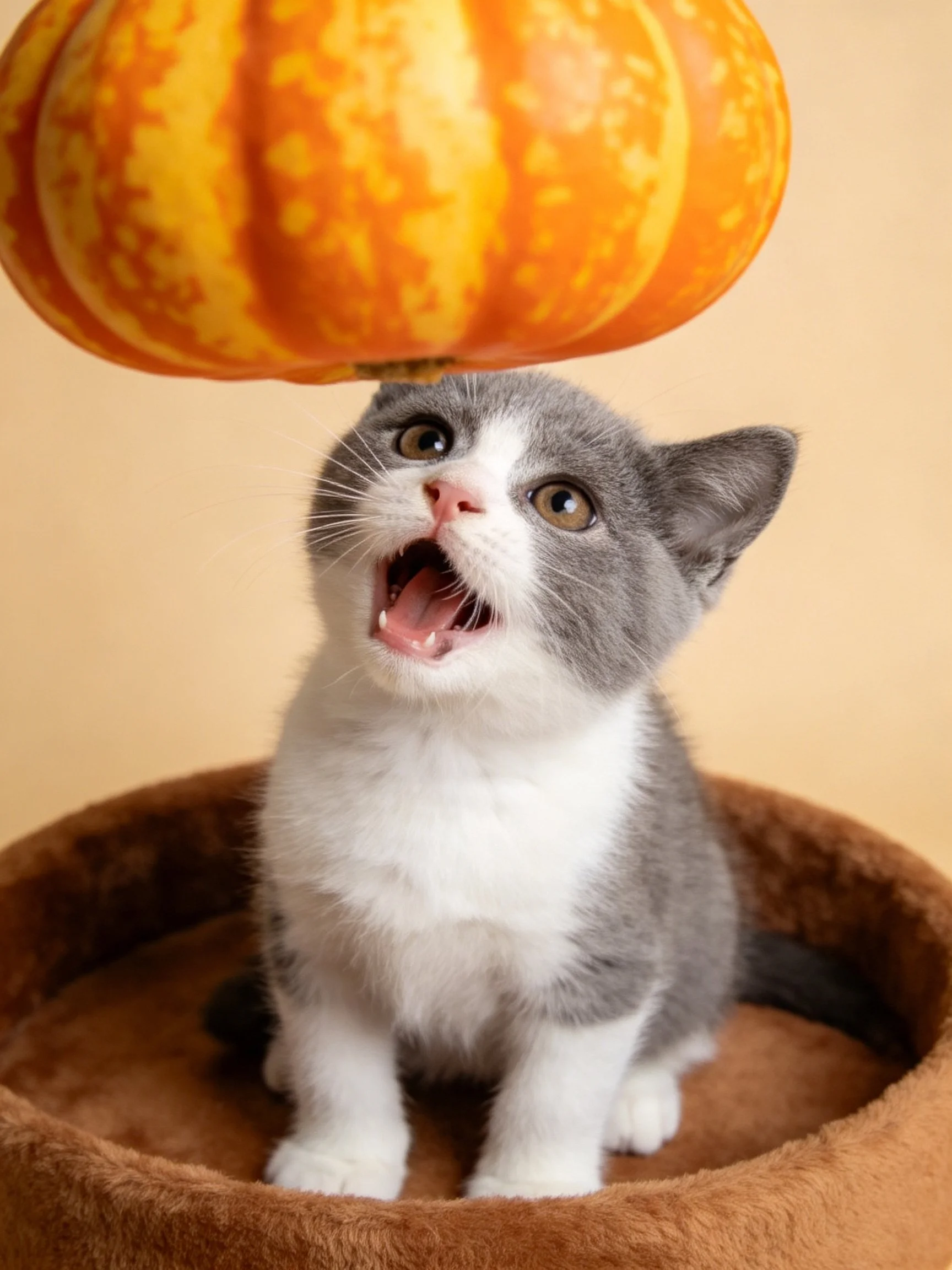 A gray and white kitten sits beneath an orange pumpkin in a brown pet bed