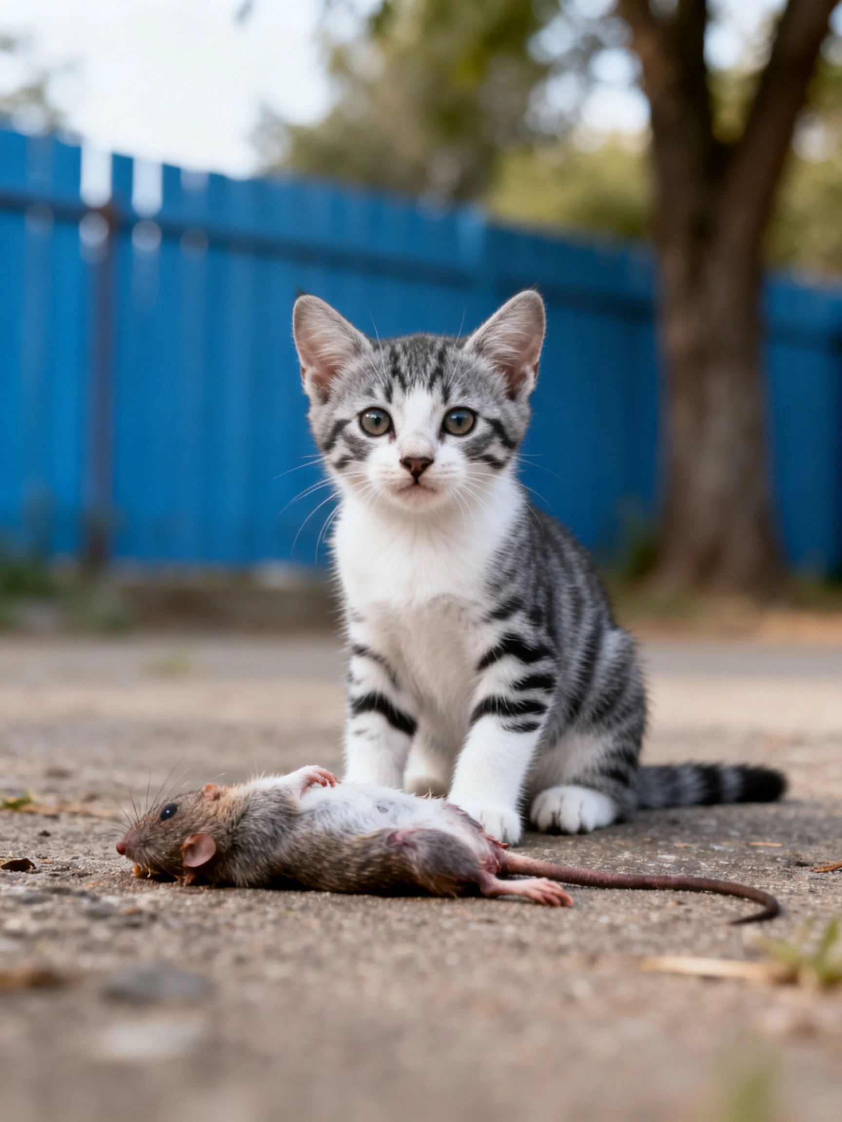 A gray and white kitten sits outdoors next to a deceased mouse near a blue fence.