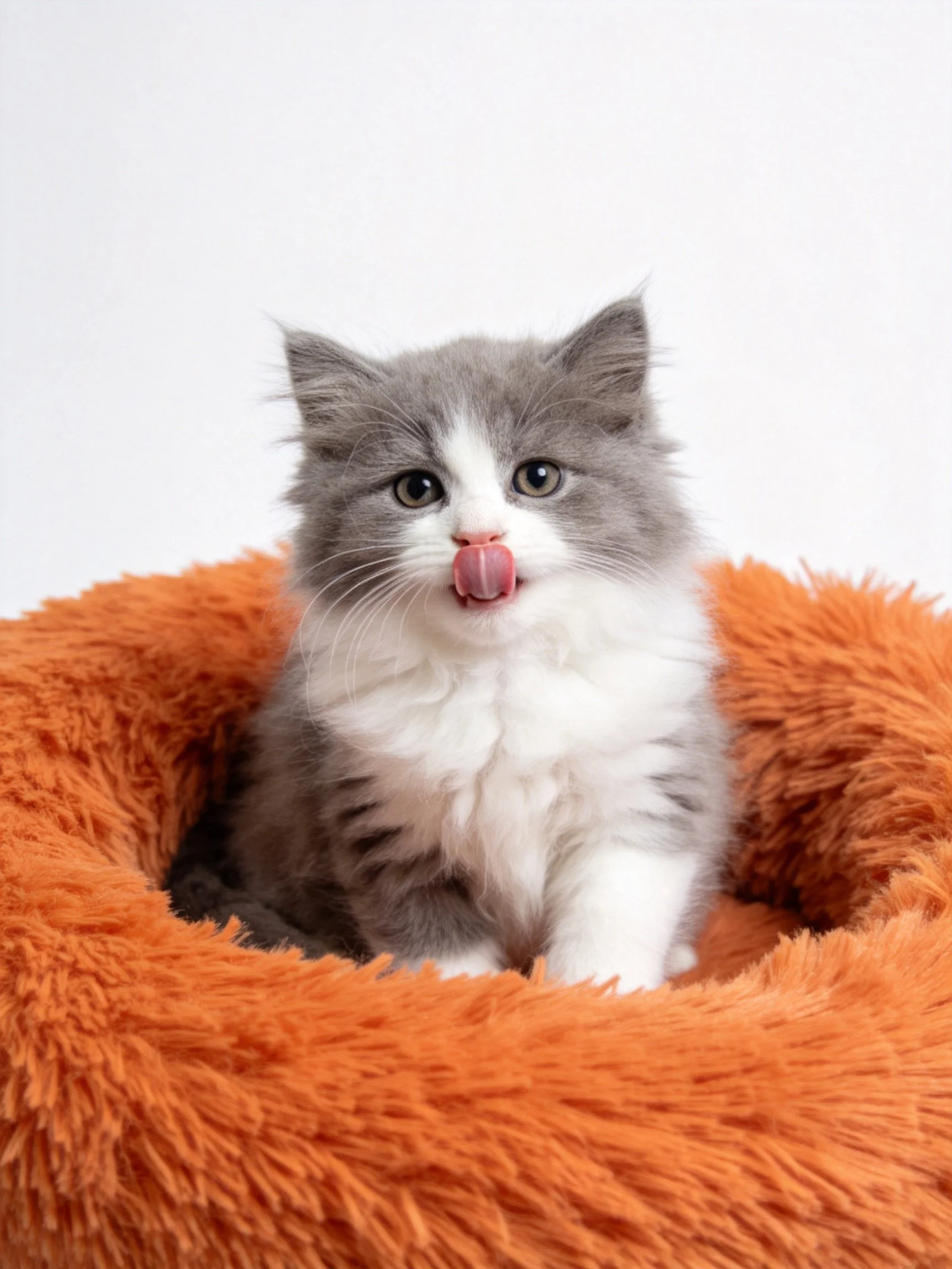 A gray-and-white kitten sits in a bright orange plush bed