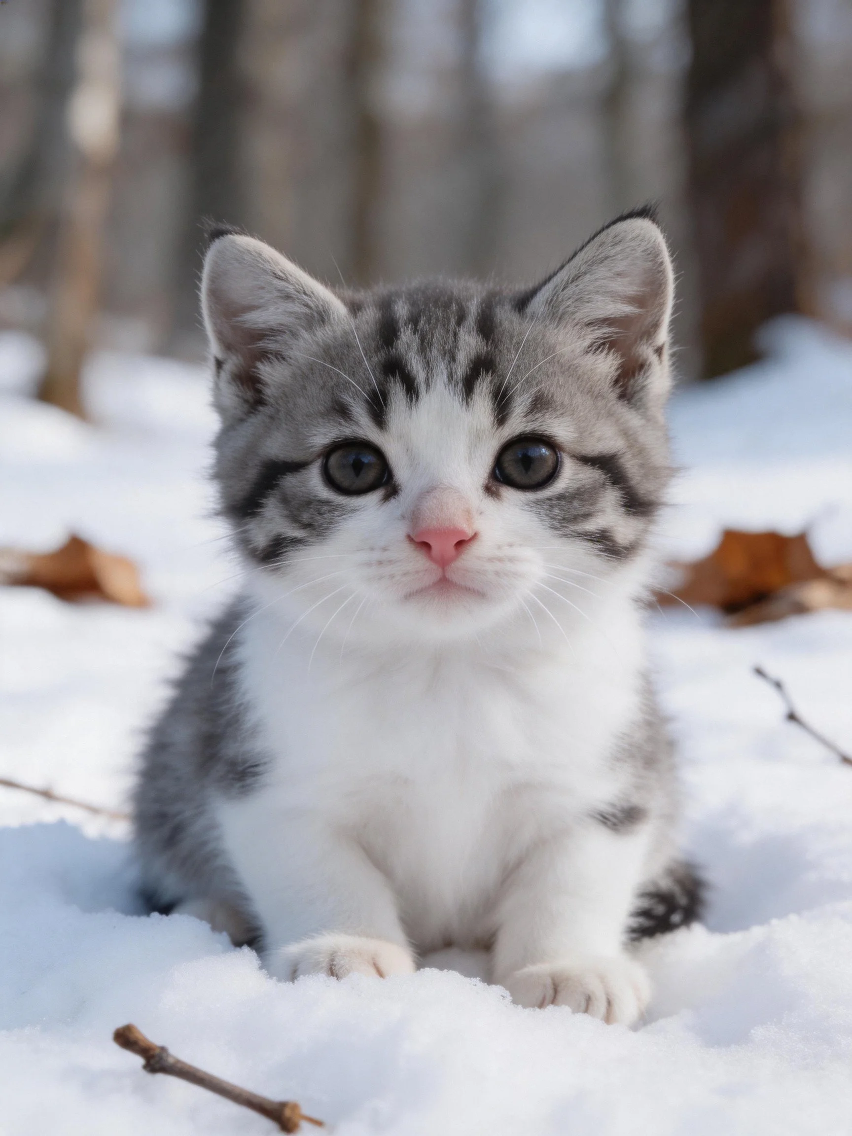 A gray and white kitten sits in snowy terrain near fallen leaves