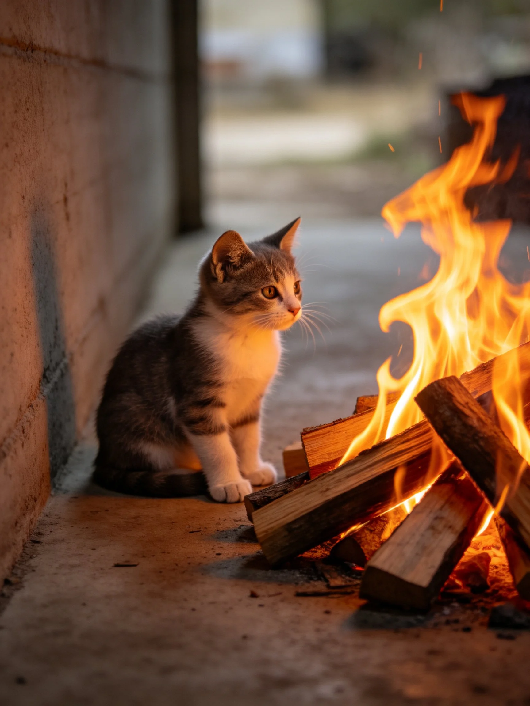 A gray and white kitten observes a blazing wood fire near a brick wall