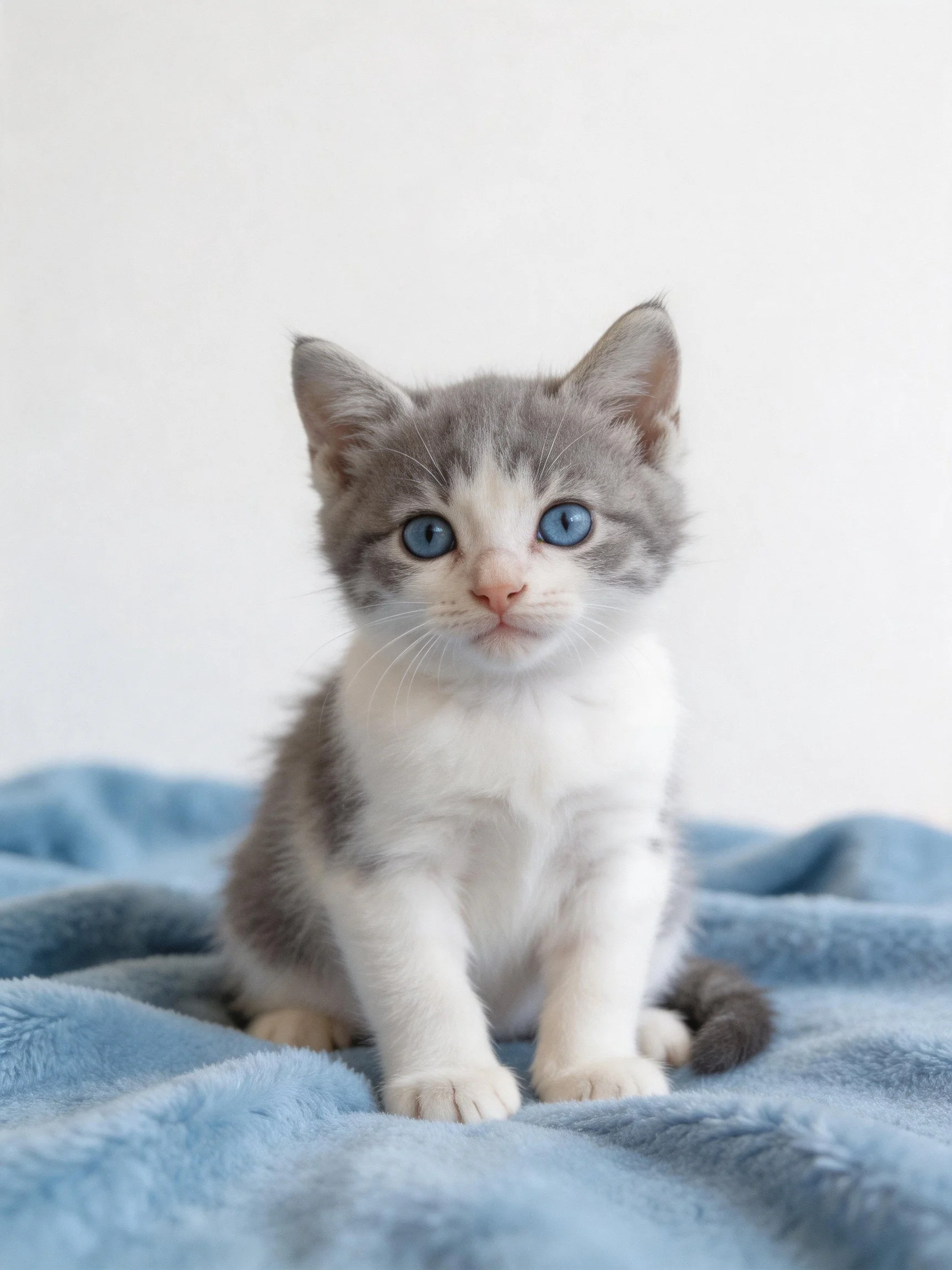 A gray and white kitten rests on a blue blanket.
