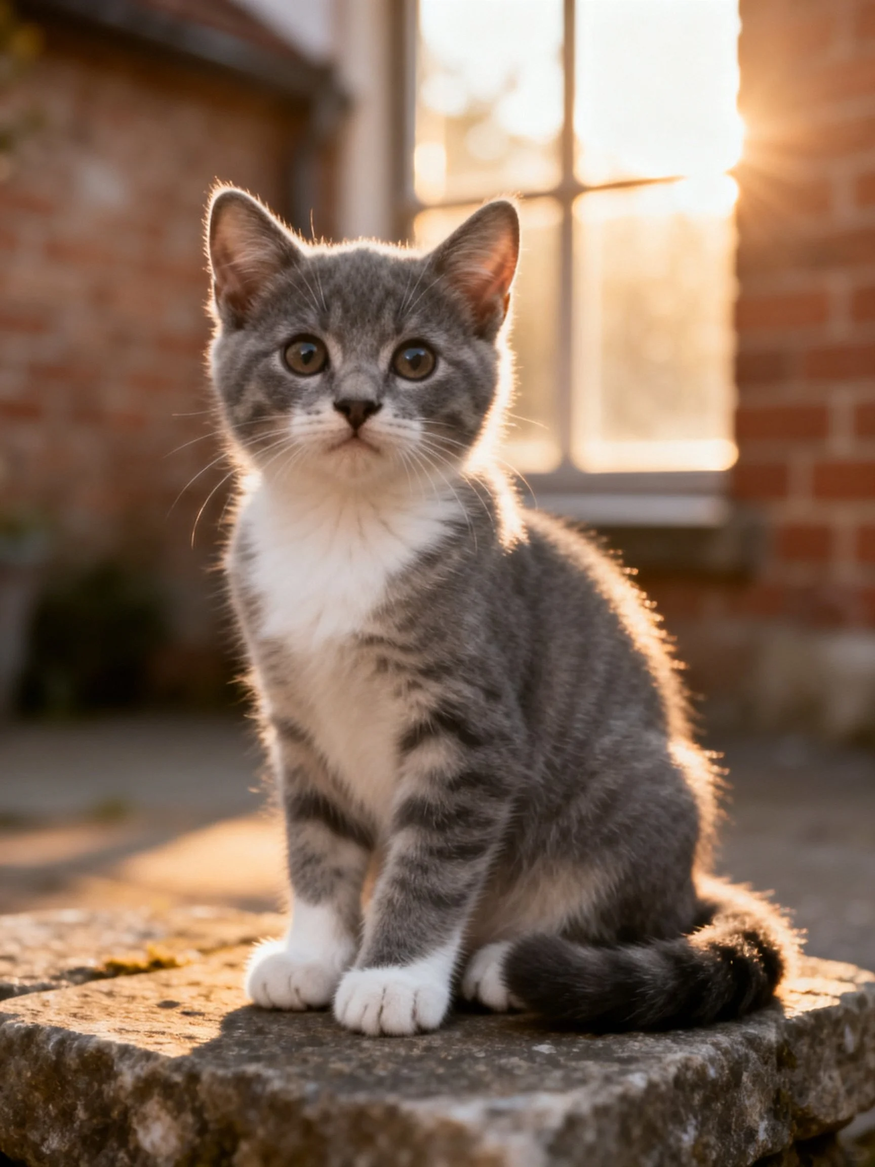 A gray and white kitten sits on a stone ledge near a brick building at sunset