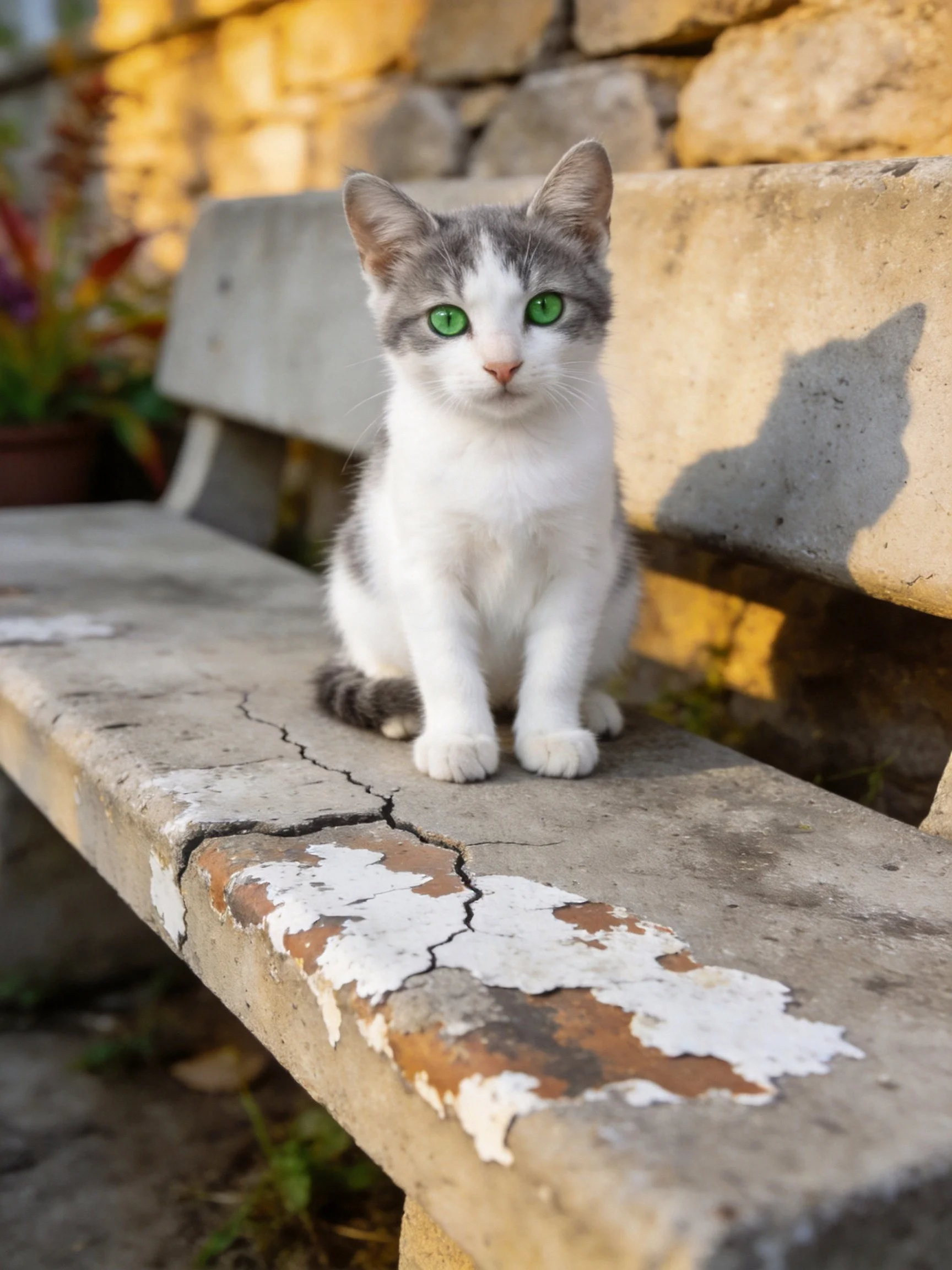 A gray-and-white kitten sits on a weathered concrete bench near a stone wall