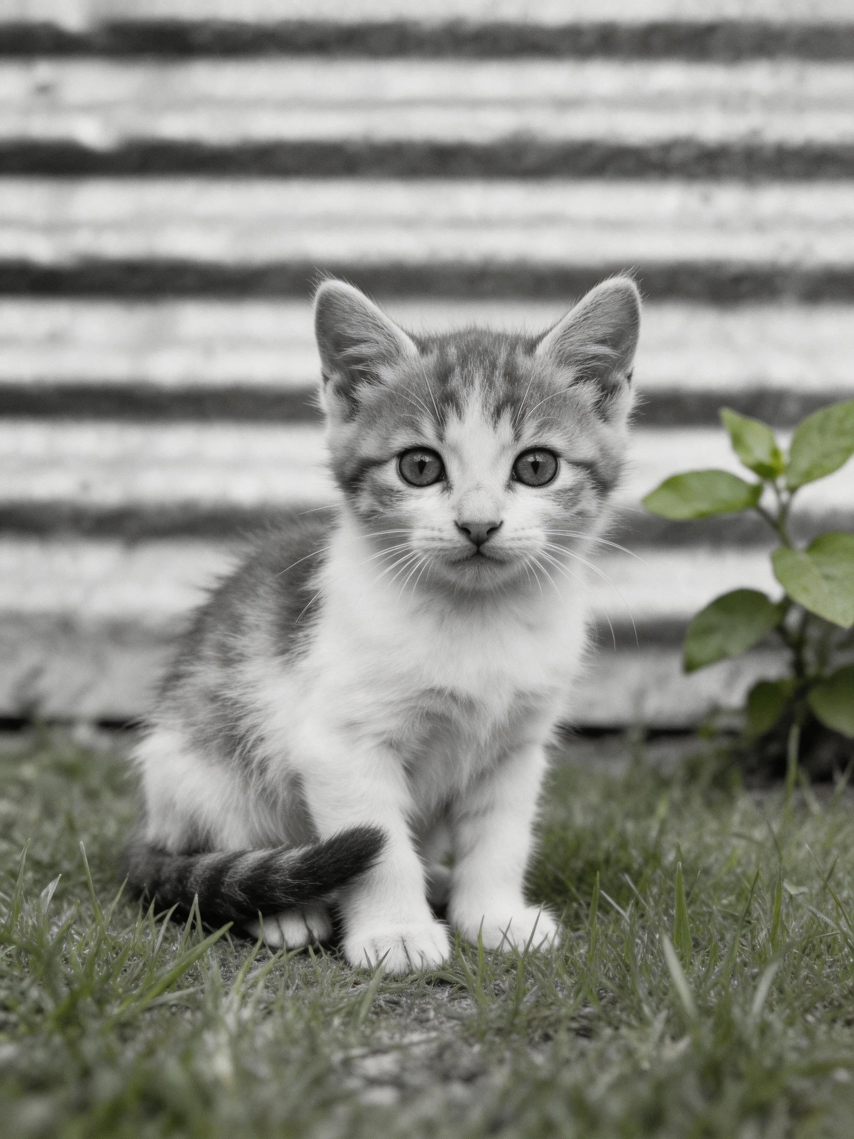 A young tabby kitten sits on grass beside a corrugated wall.
