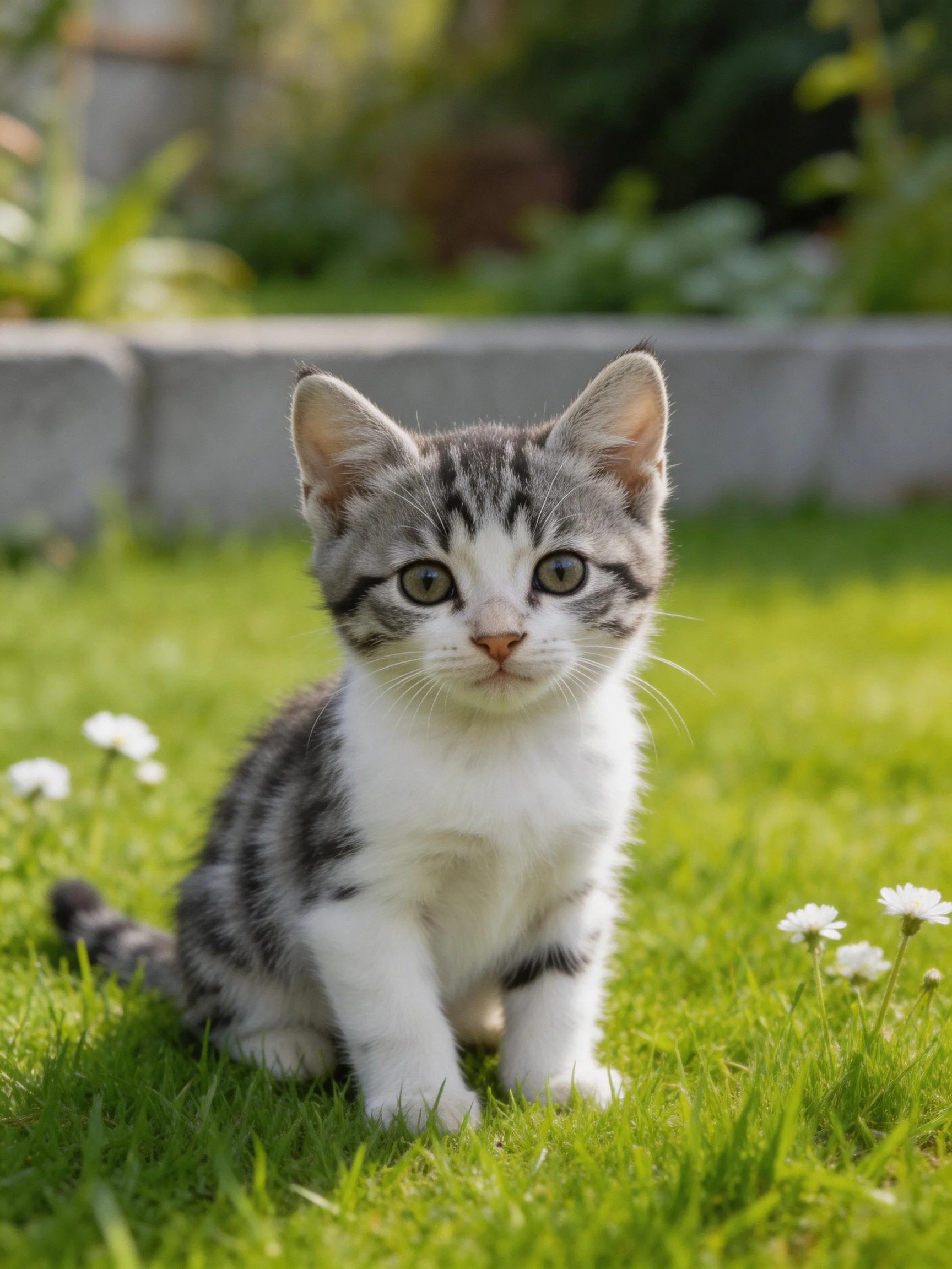 A gray and white kitten sits calmly on green grass near small white flowers.