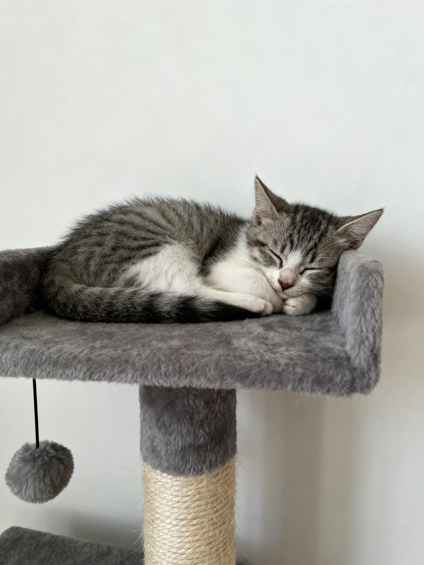 A gray and white kitten rests on a gray cat tree