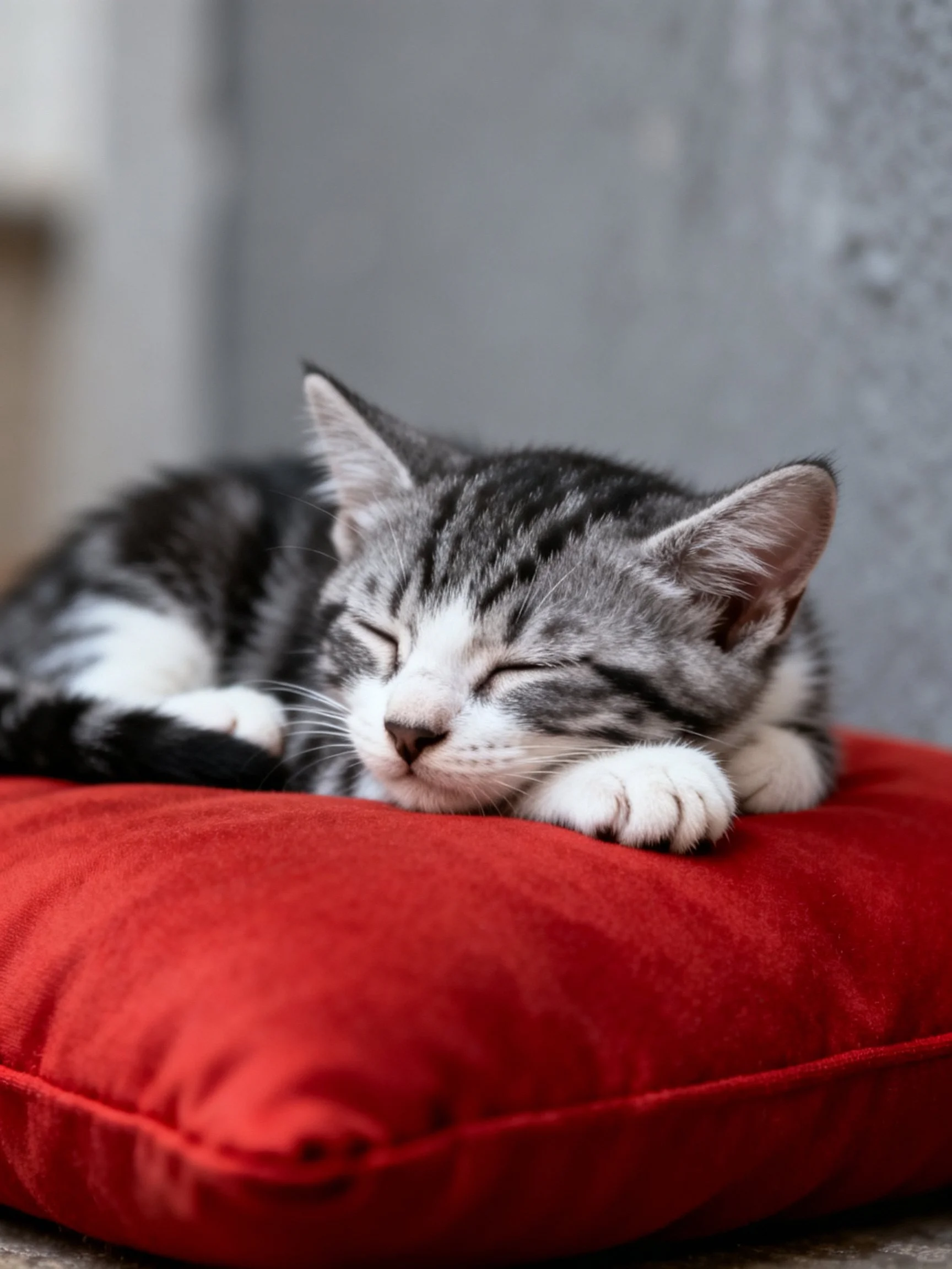 A gray and white kitten rests peacefully on a bright red cushion.