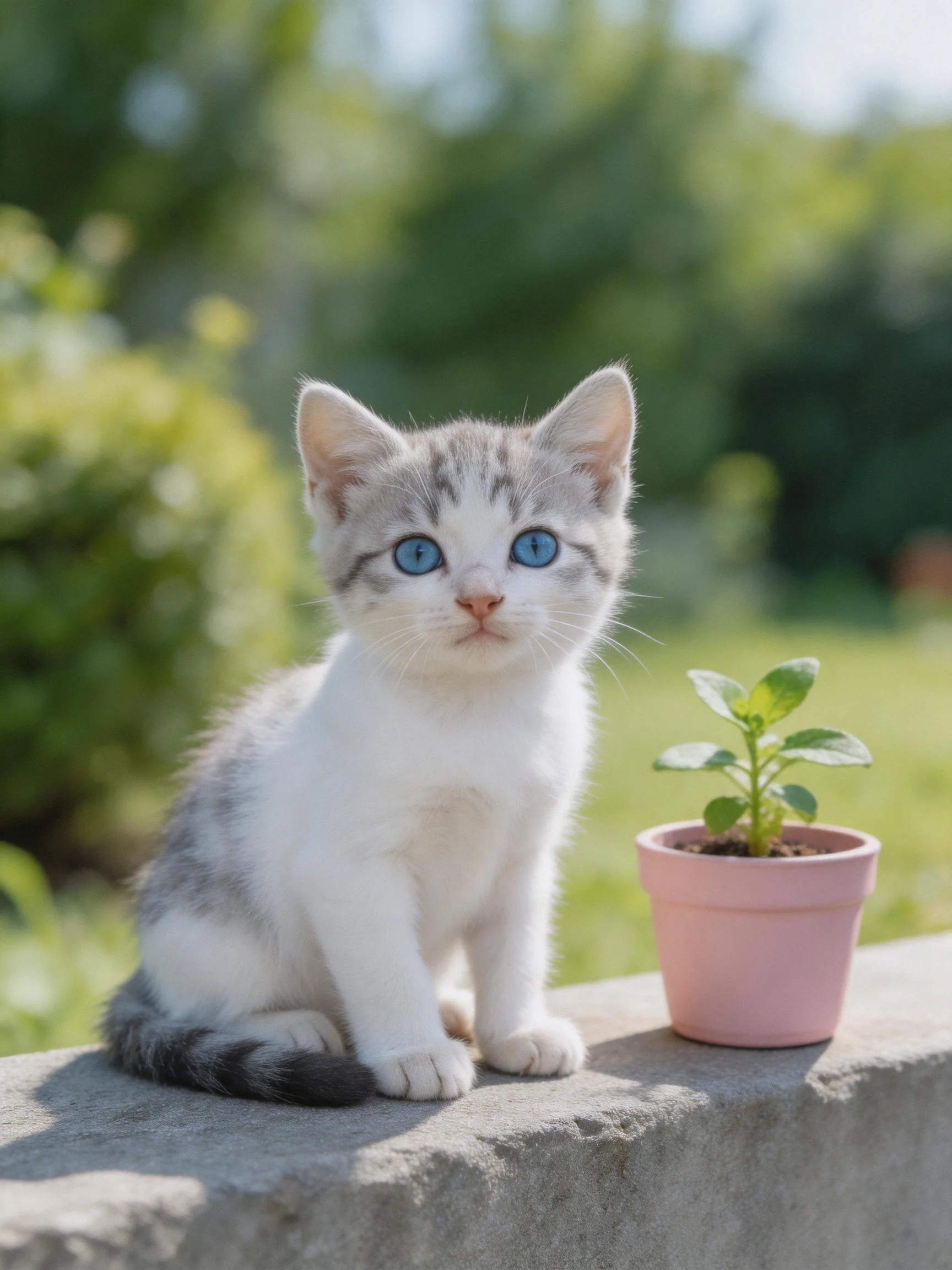 A gray-and-white kitten with blue eyes sits beside a pink potted plant outdoors
