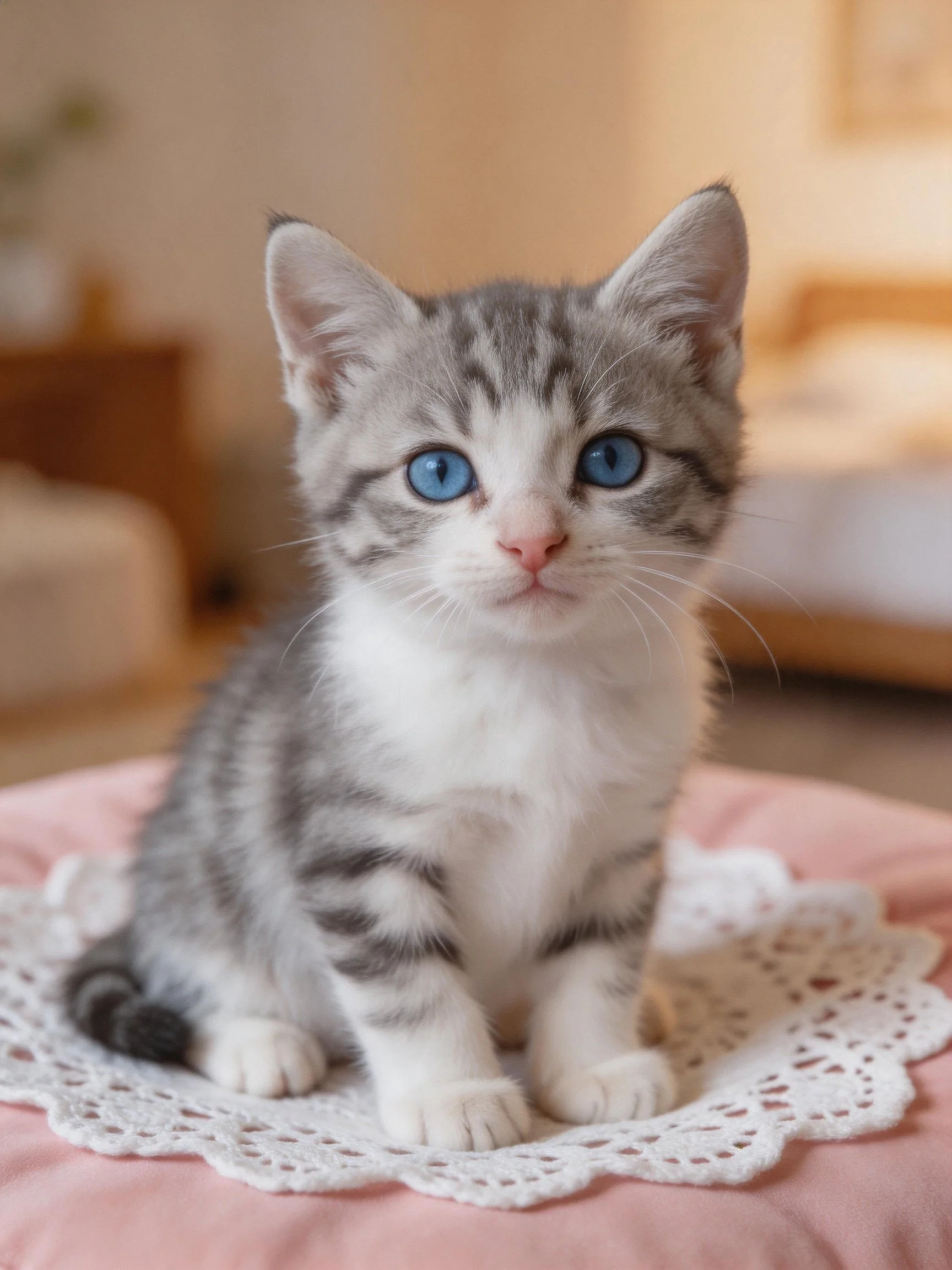 A gray and white kitten with blue eyes sits on a pink lace doily