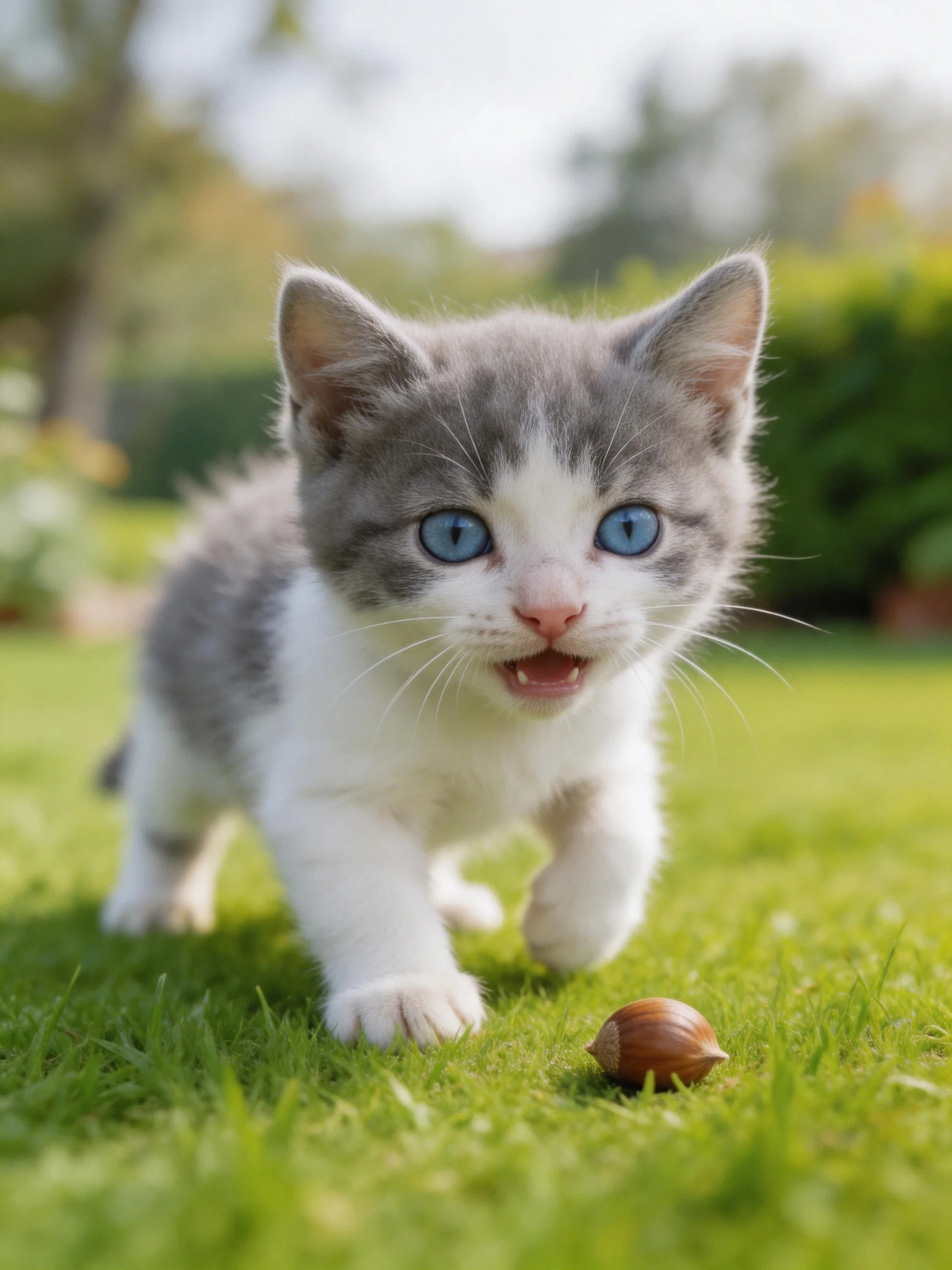 A gray-and-white kitten with bright blue eyes explores green grass near a brown nut