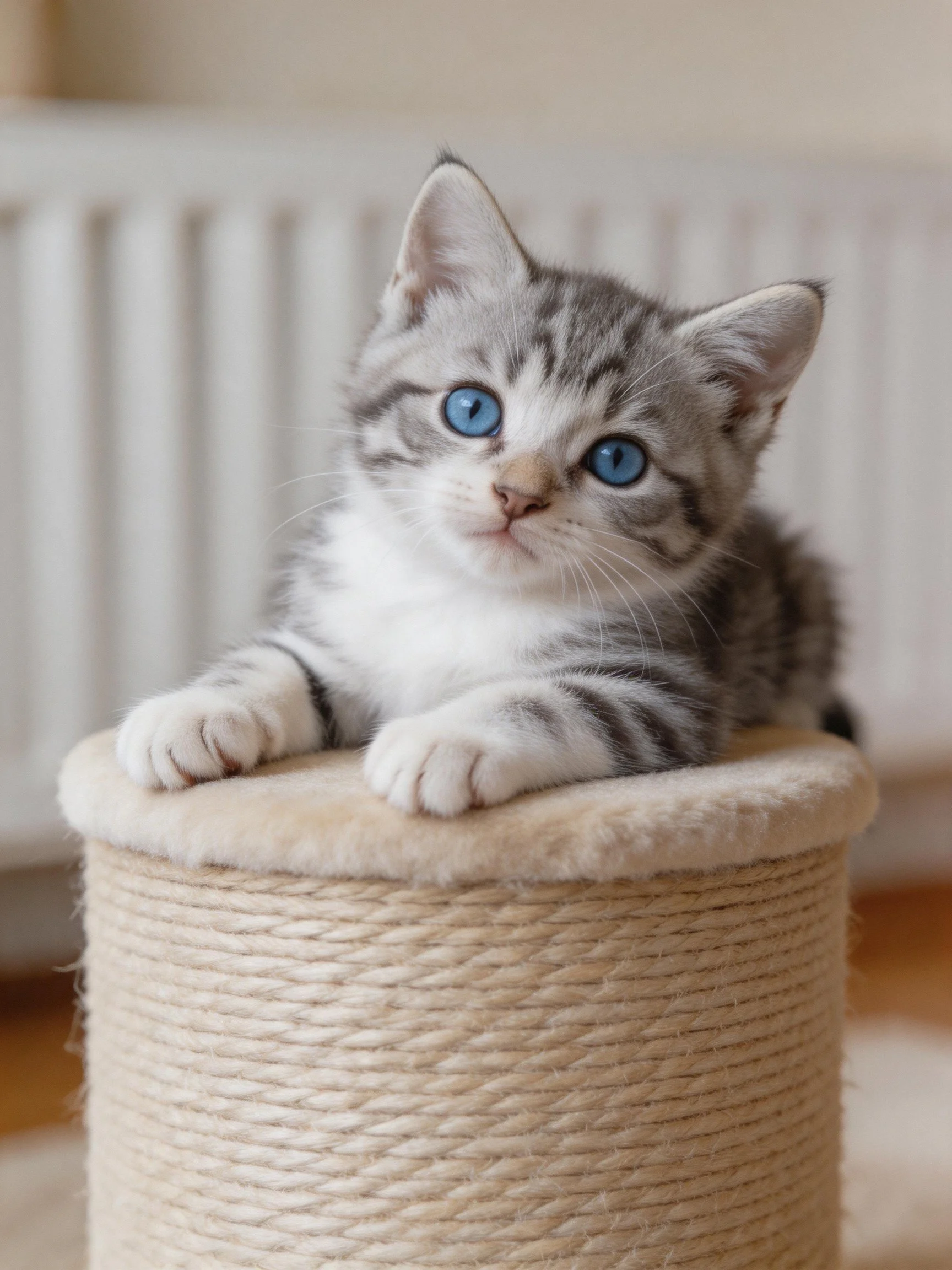 A small gray and white kitten with blue eyes sits atop a rope scratching post.