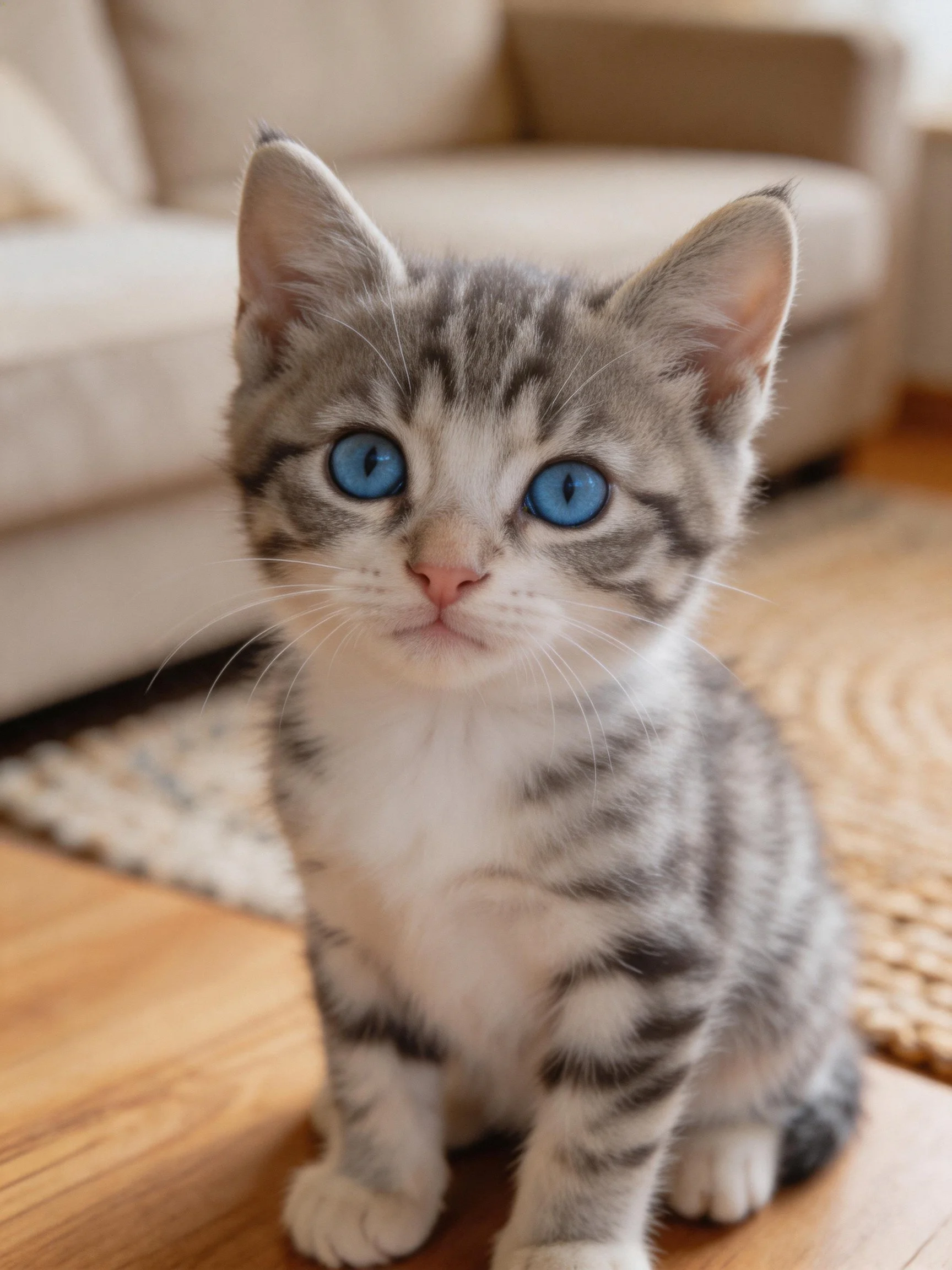 A gray and white kitten with bright blue eyes sits indoors.