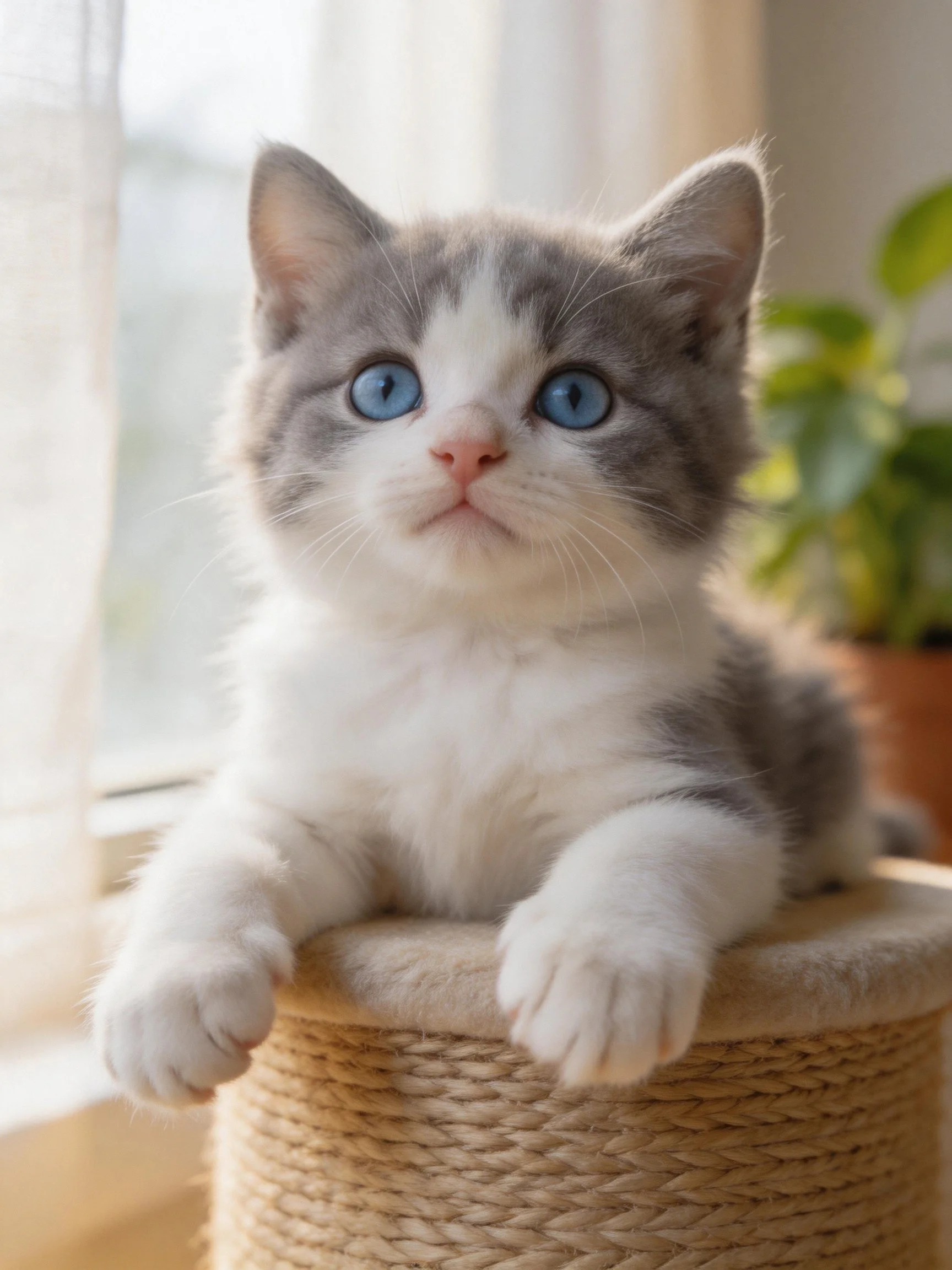 A gray-and-white kitten with bright blue eyes sits on a scratching post