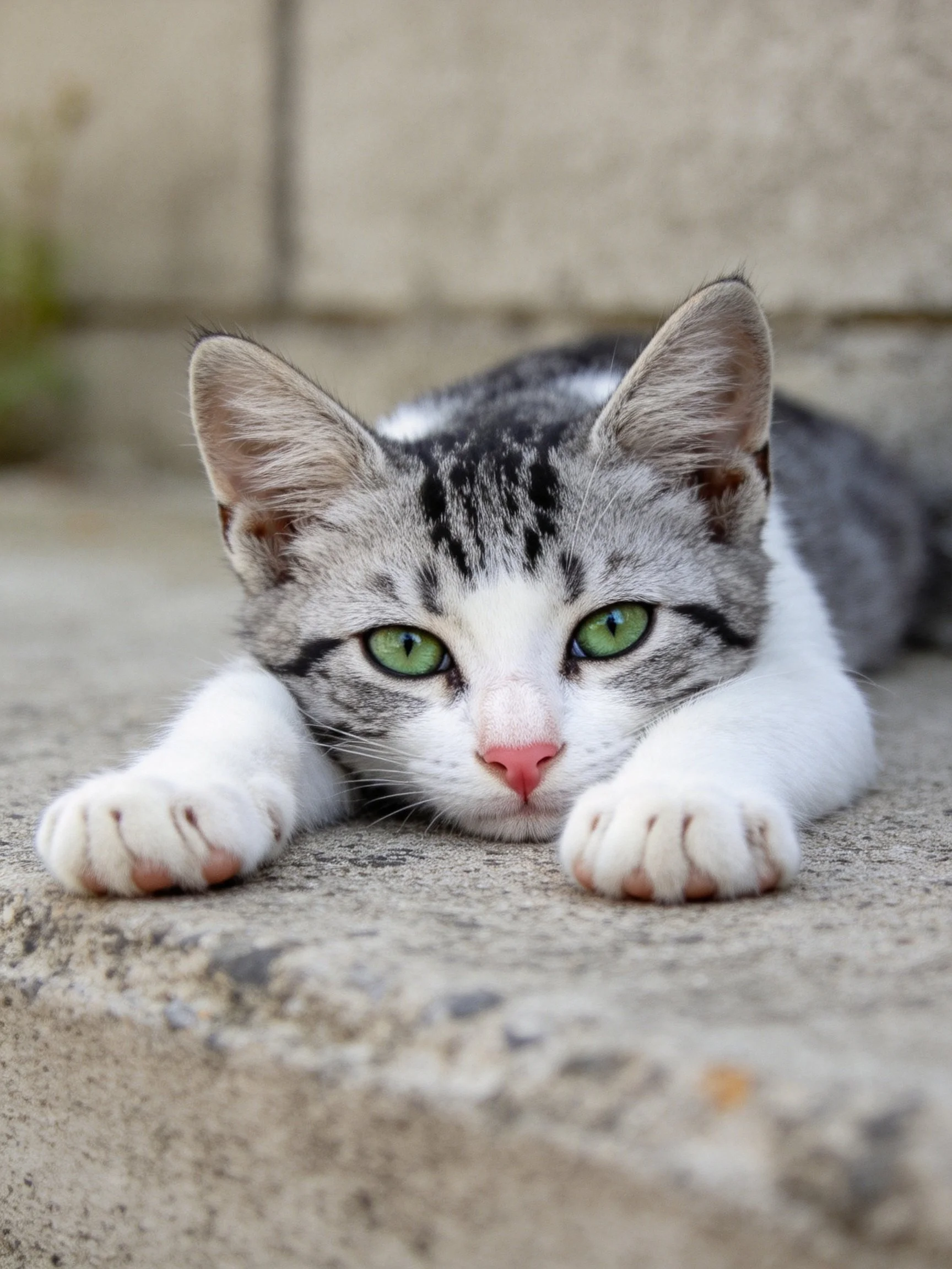 A gray and white kitten with bright green eyes lies relaxed on a concrete surface.
